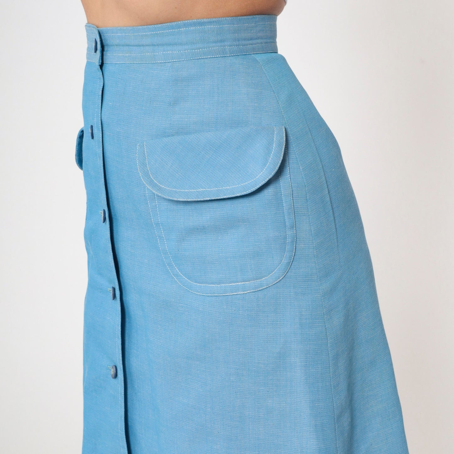 70s Blue Mini Skirt High Waist Button Front Patch Pockets Small