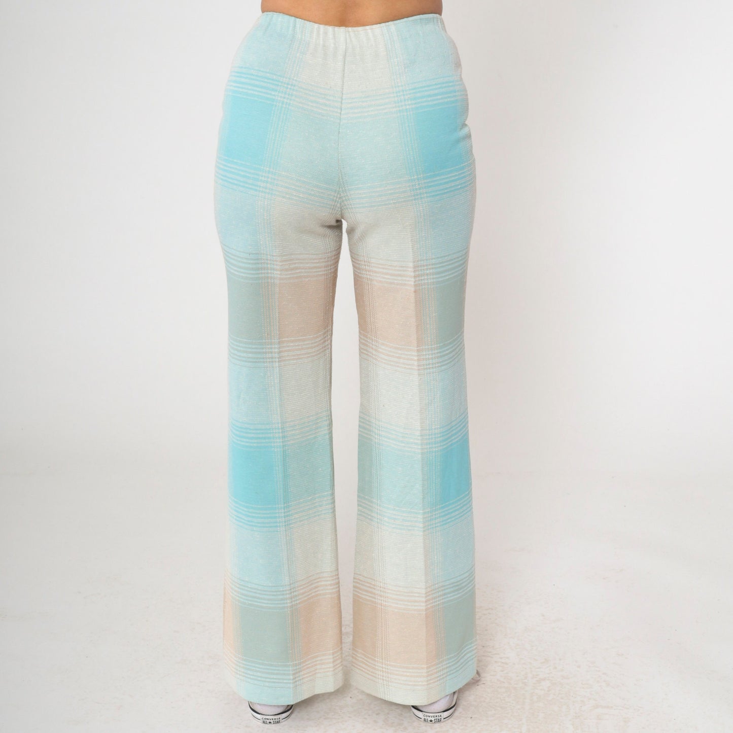 70s Plaid Flared Trousers High Waisted Bell Bottoms Pastel Blue Small