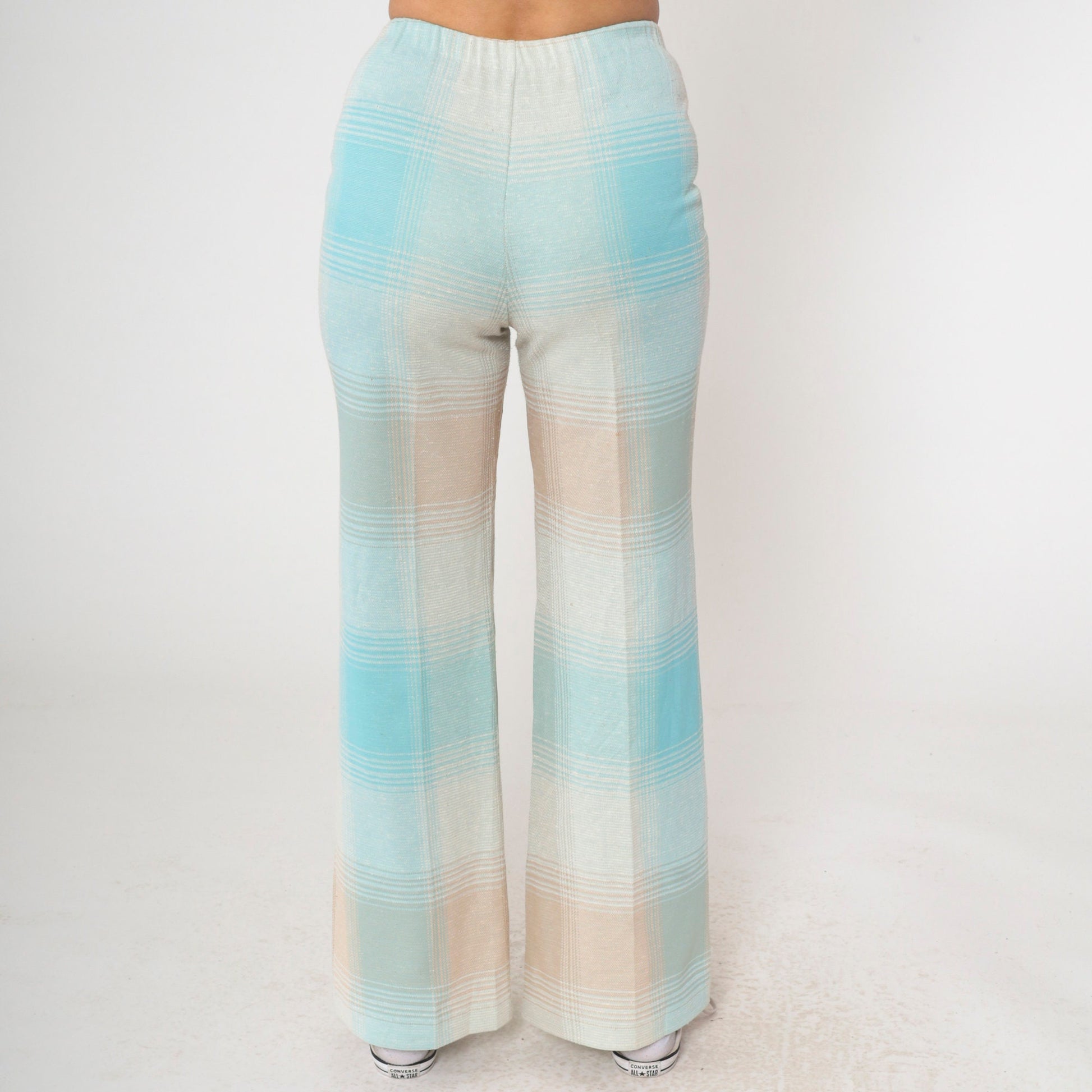70s Plaid Flared Trousers High Waisted Bell Bottoms Pastel Blue Small