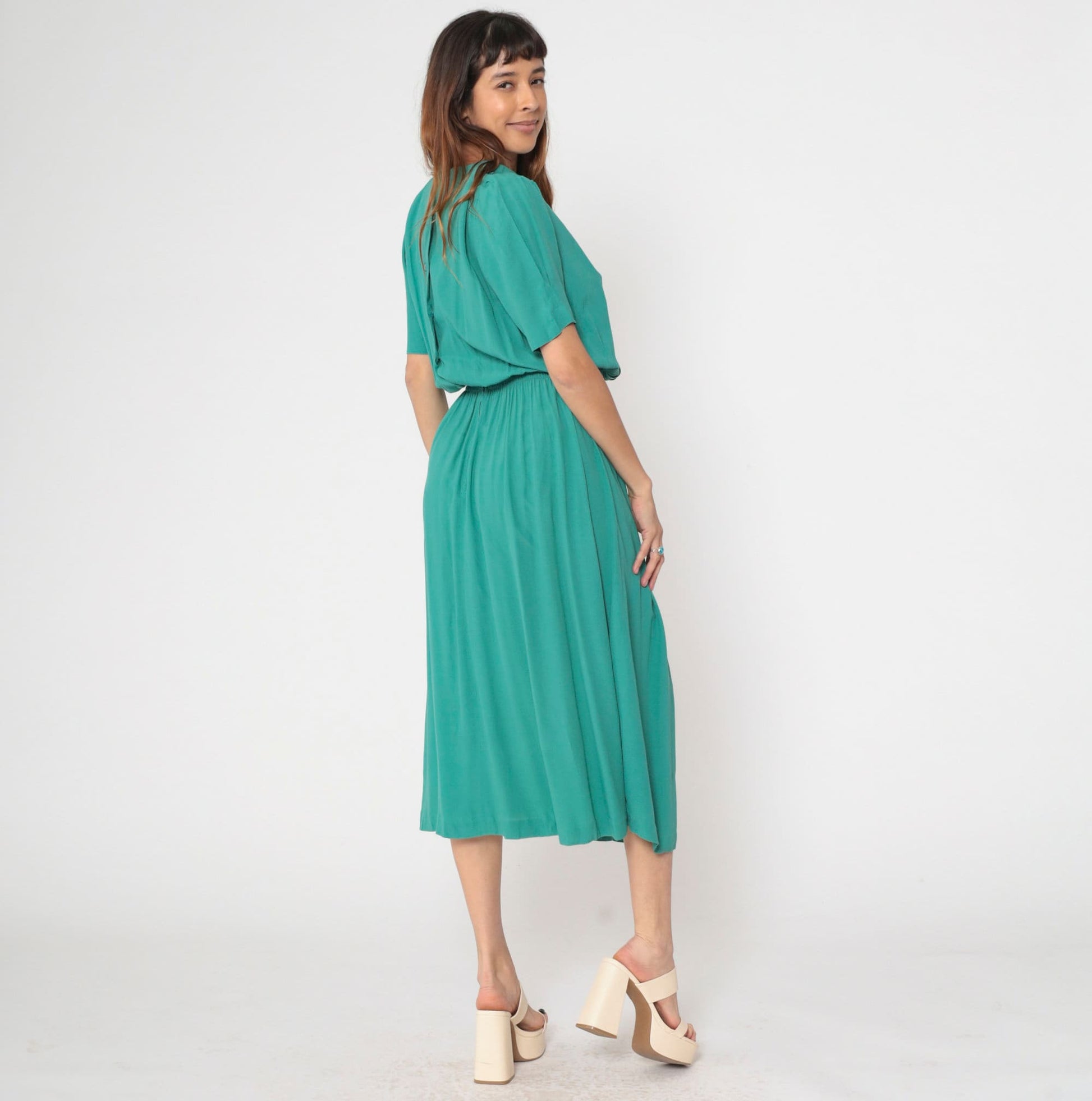 80s Karin Stevens Green Midi Dress Embroidered Lace Puff Sleeve Button Back Medium