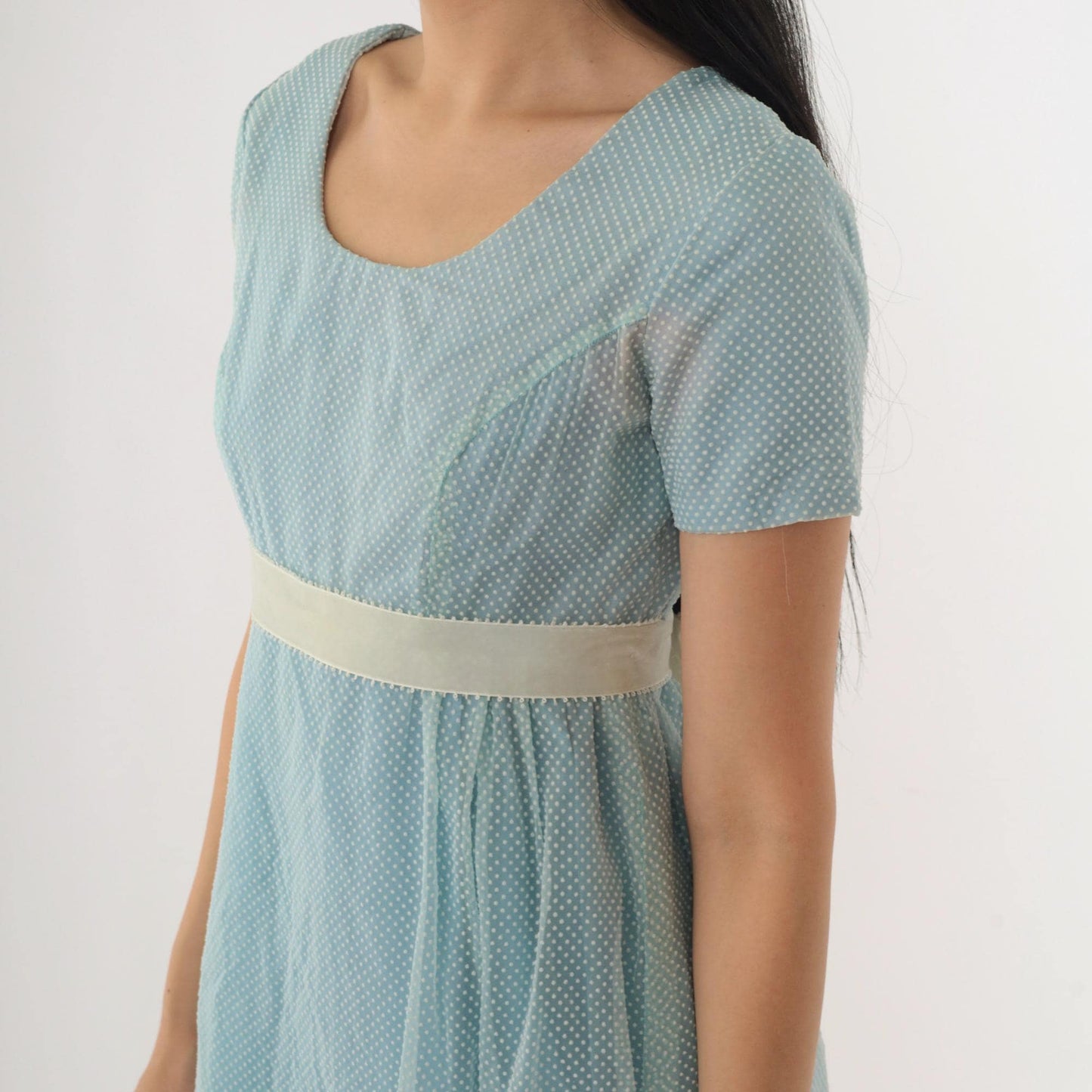 1970s Swiss Dot Babydoll Mini Dress Baby Blue Empire Waist Extra Small