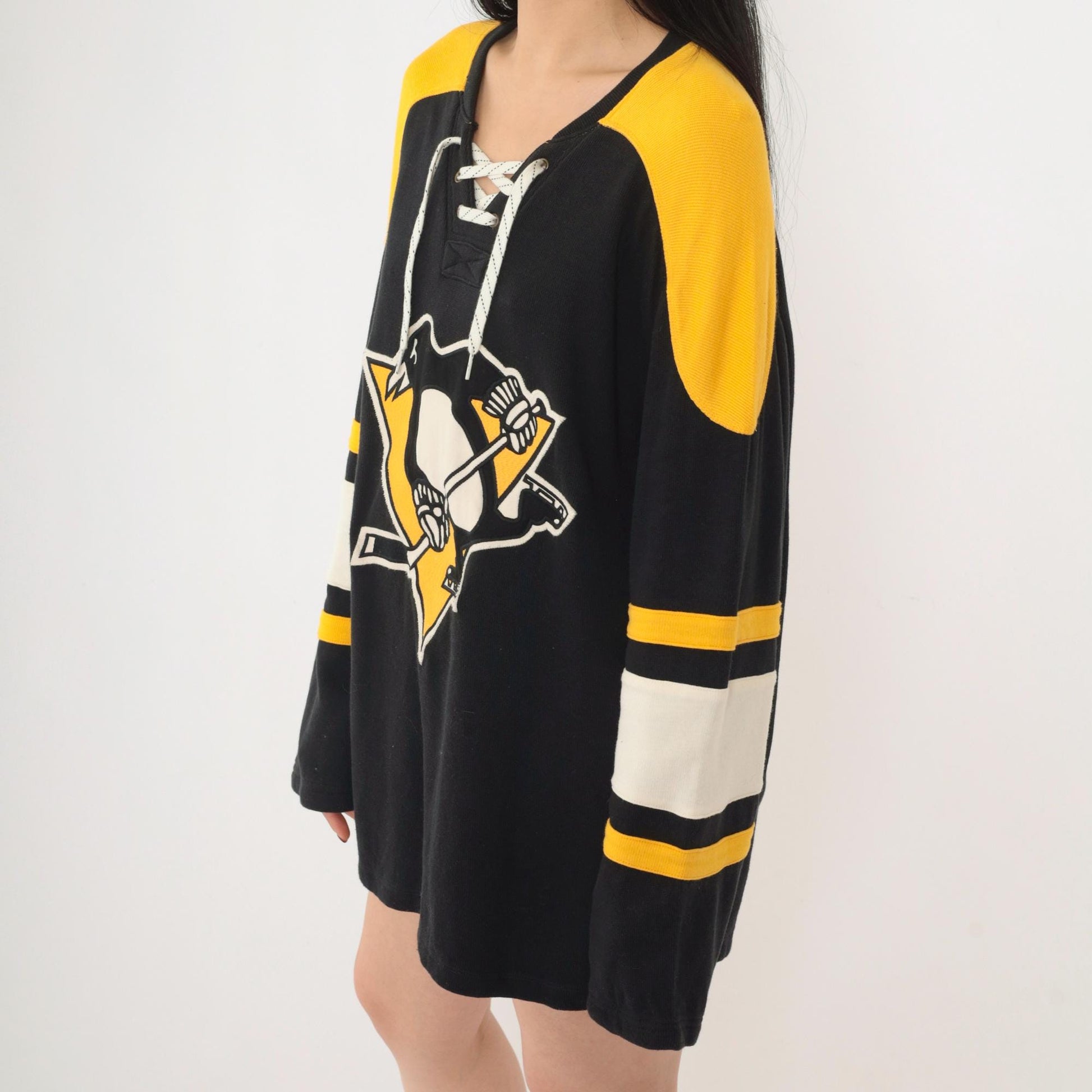 CCM Pittsburgh Penguins Hockey Jersey Black Yellow Lace-Up Medium