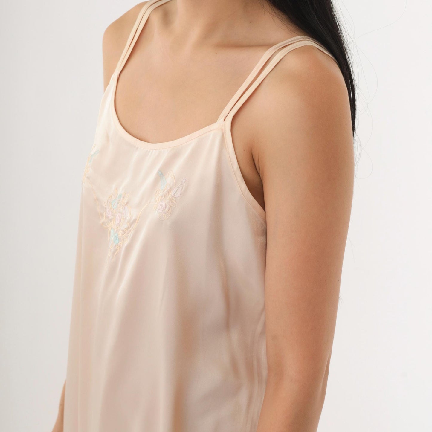 90s Floral Embroidered Slip Dress Pale Pink Satin Midi Chemise Medium