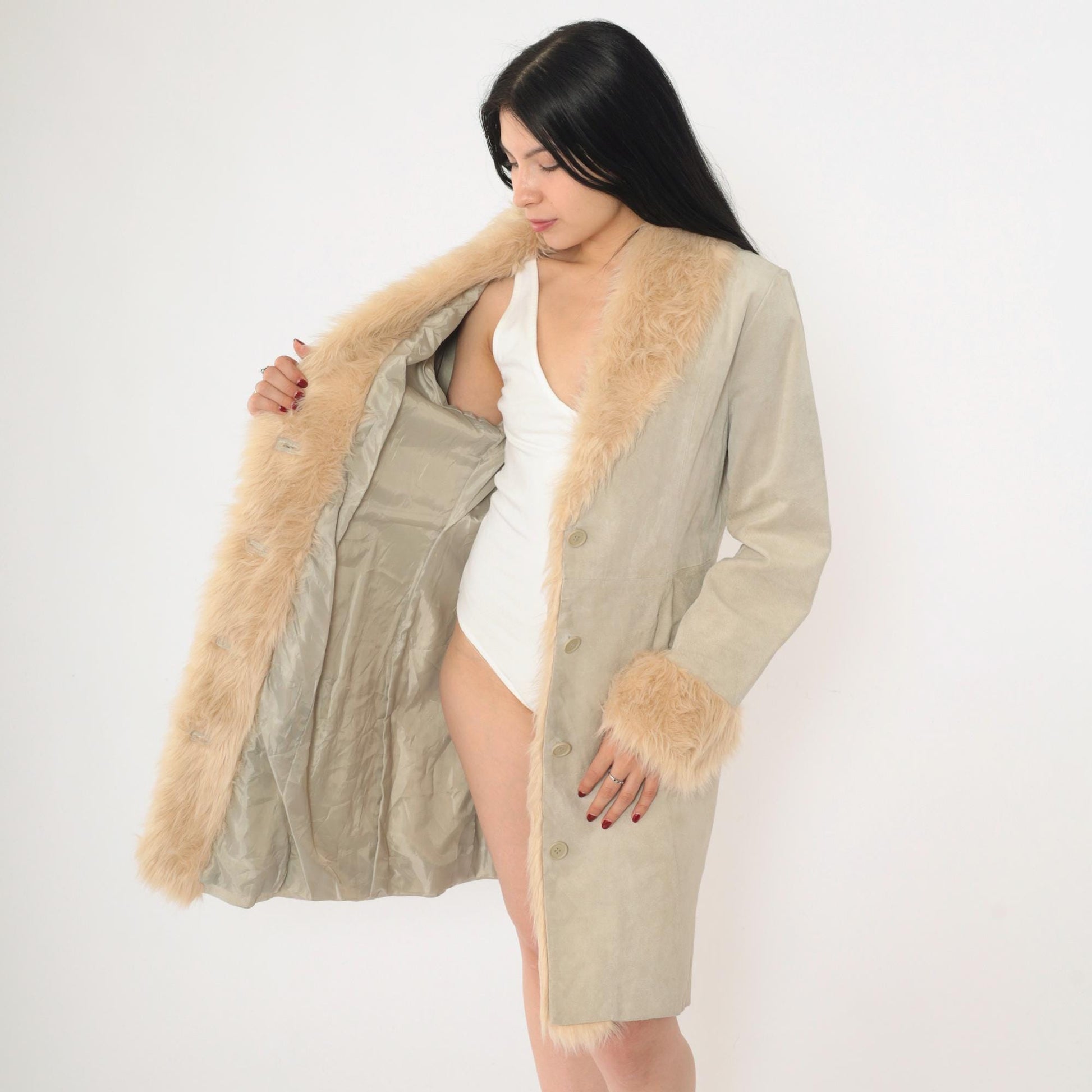 Y2K Grey Suede Jacket Faux Fur Trim Button Up Wilsons Medium