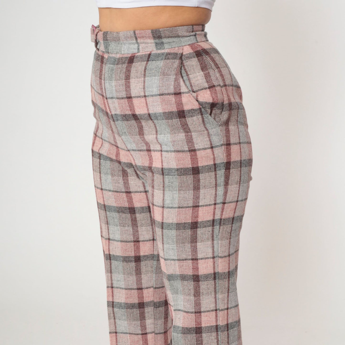 70s The Limited Plaid High-Waisted Trousers Pink Grey Wool Blend Small