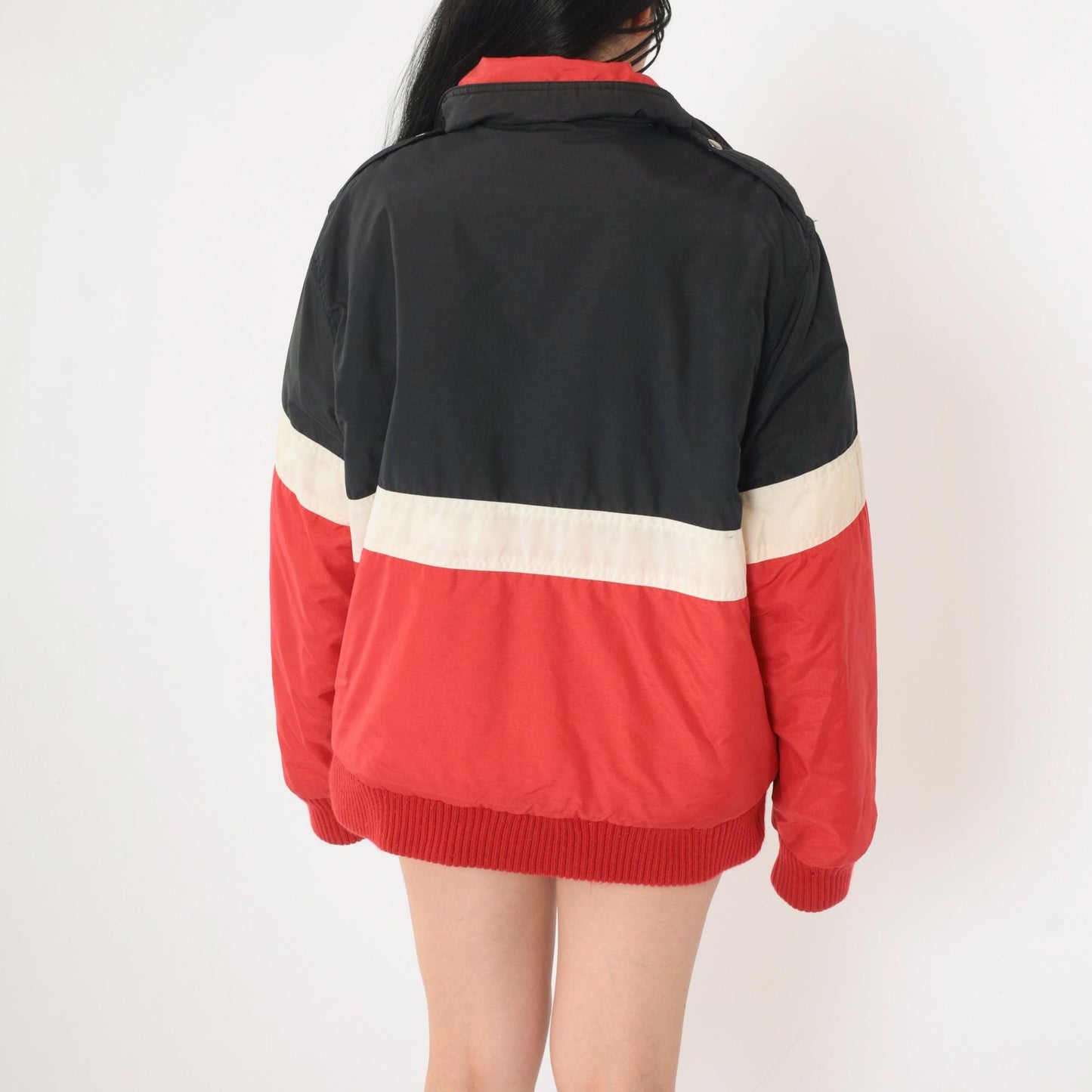 80s Color Block Puffer Ski Jacket Red Black White Nylon Large