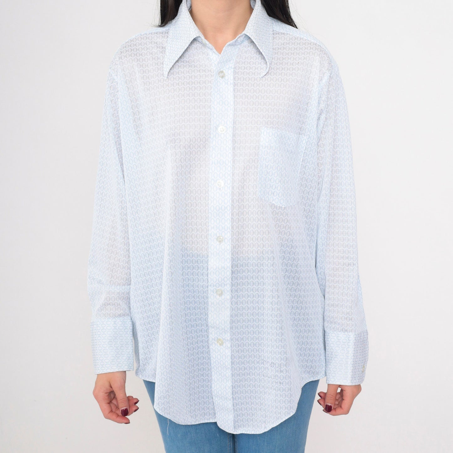 70s Sears Geometric Print Button Up Shirt White Blue Dagger Collar Large