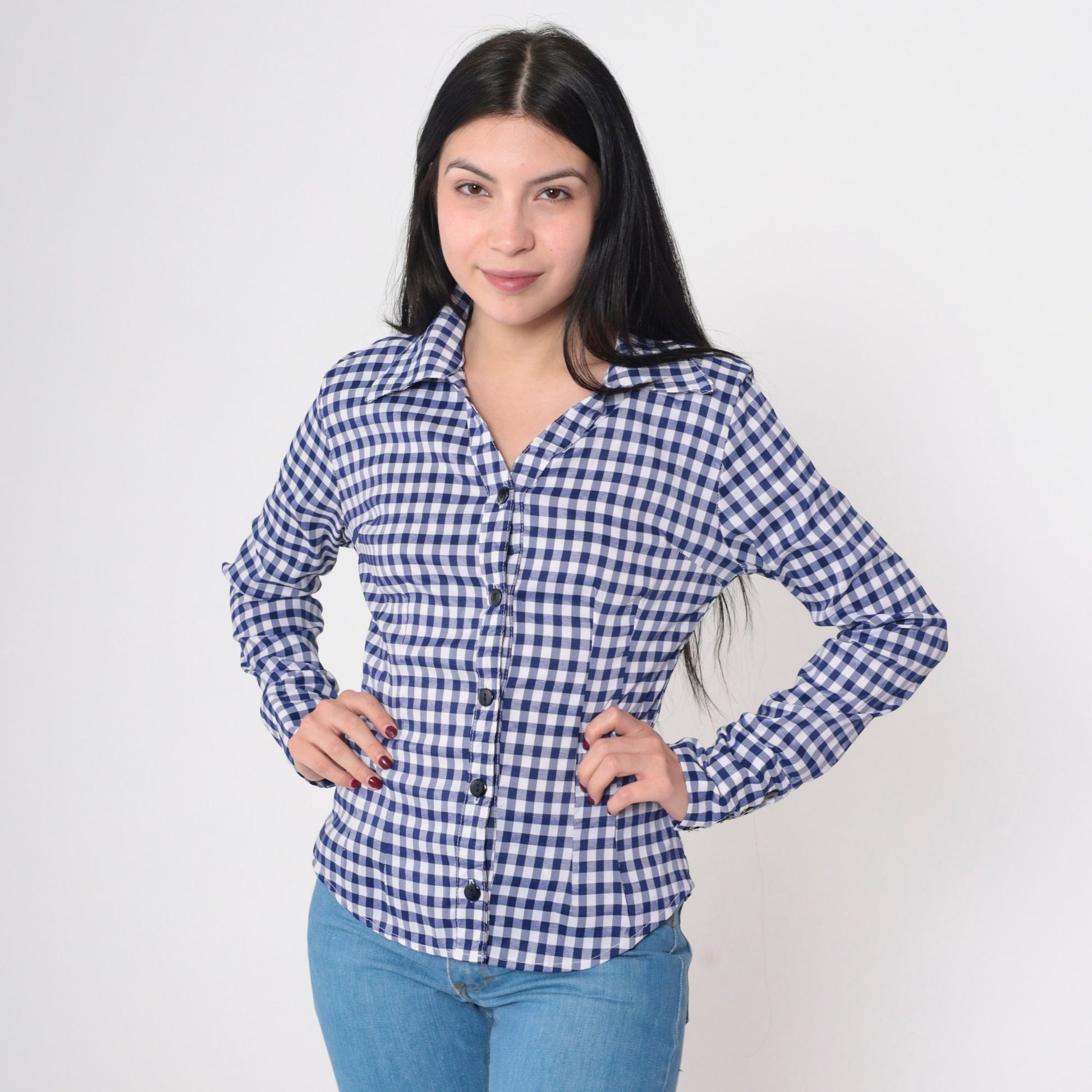 80s Blue Gingham Button-Up Blouse Princess Seam V-Neck Long Sleeve Small S