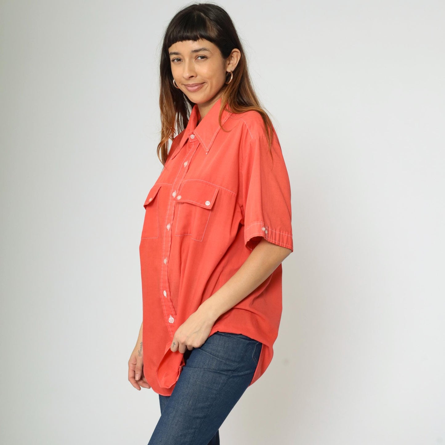 70s Marlboro Western Shirt Orange Button Down Dagger Collar Large