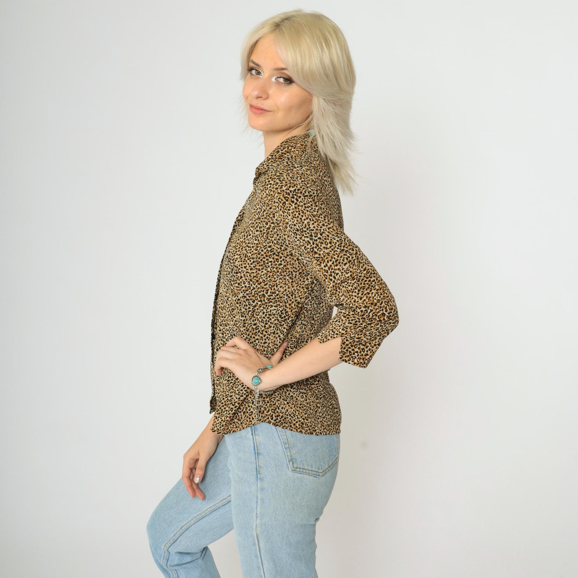 90s Leopard Print Button Up Blouse 3/4 Sleeve Shirt Small Medium