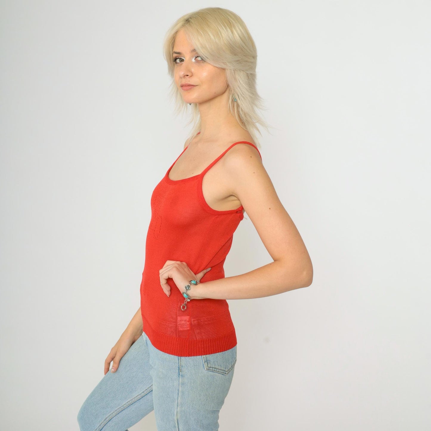 Y2K Red Knit Tank Top Antique Car Cutout Spaghetti Straps Extra Small