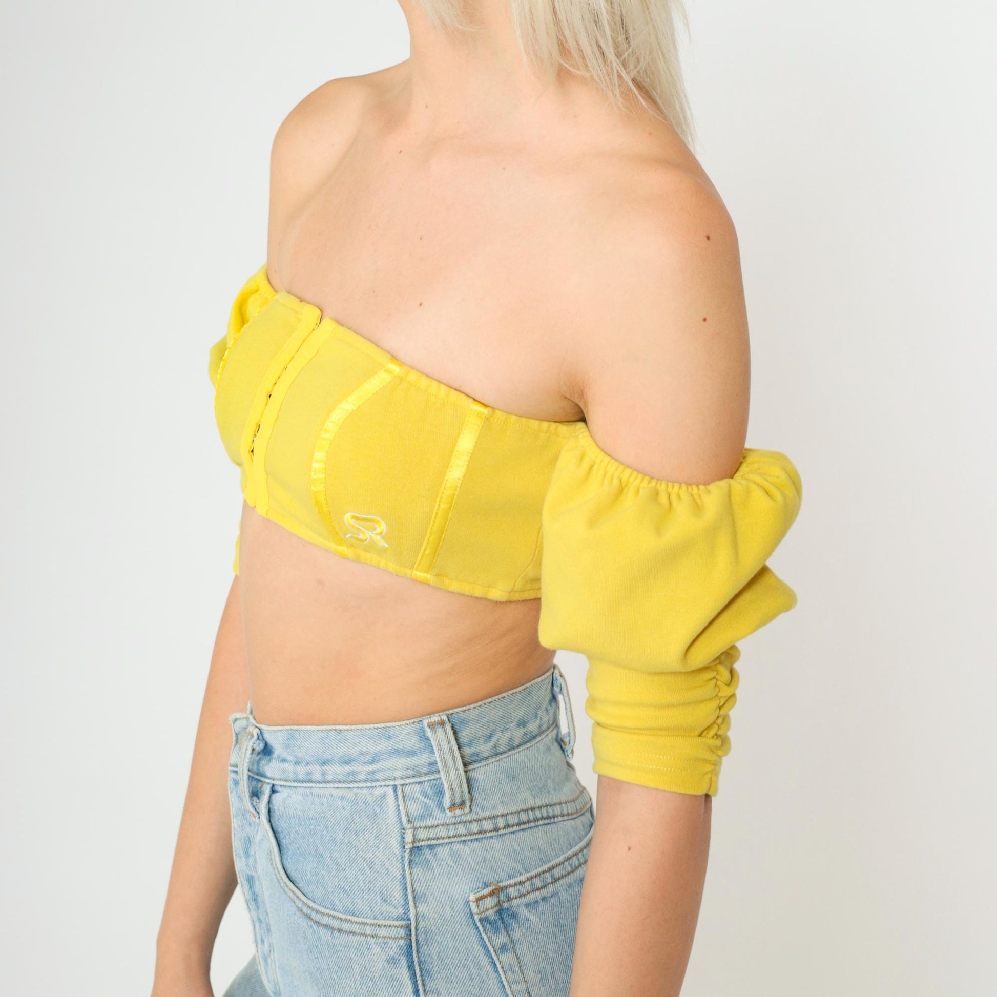 Y2K Yellow Off-Shoulder Crop Top Puff Sleeve Hook Front Extra Small