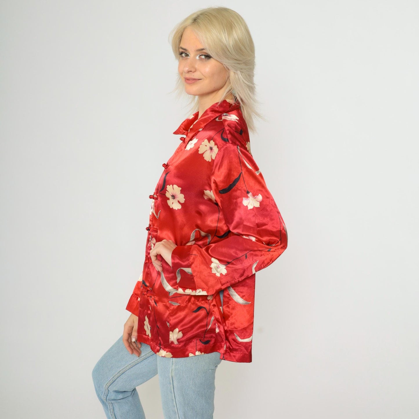 90s Neiman Marcus Red Floral Satin Blouse Frog Closures Ombre Medium