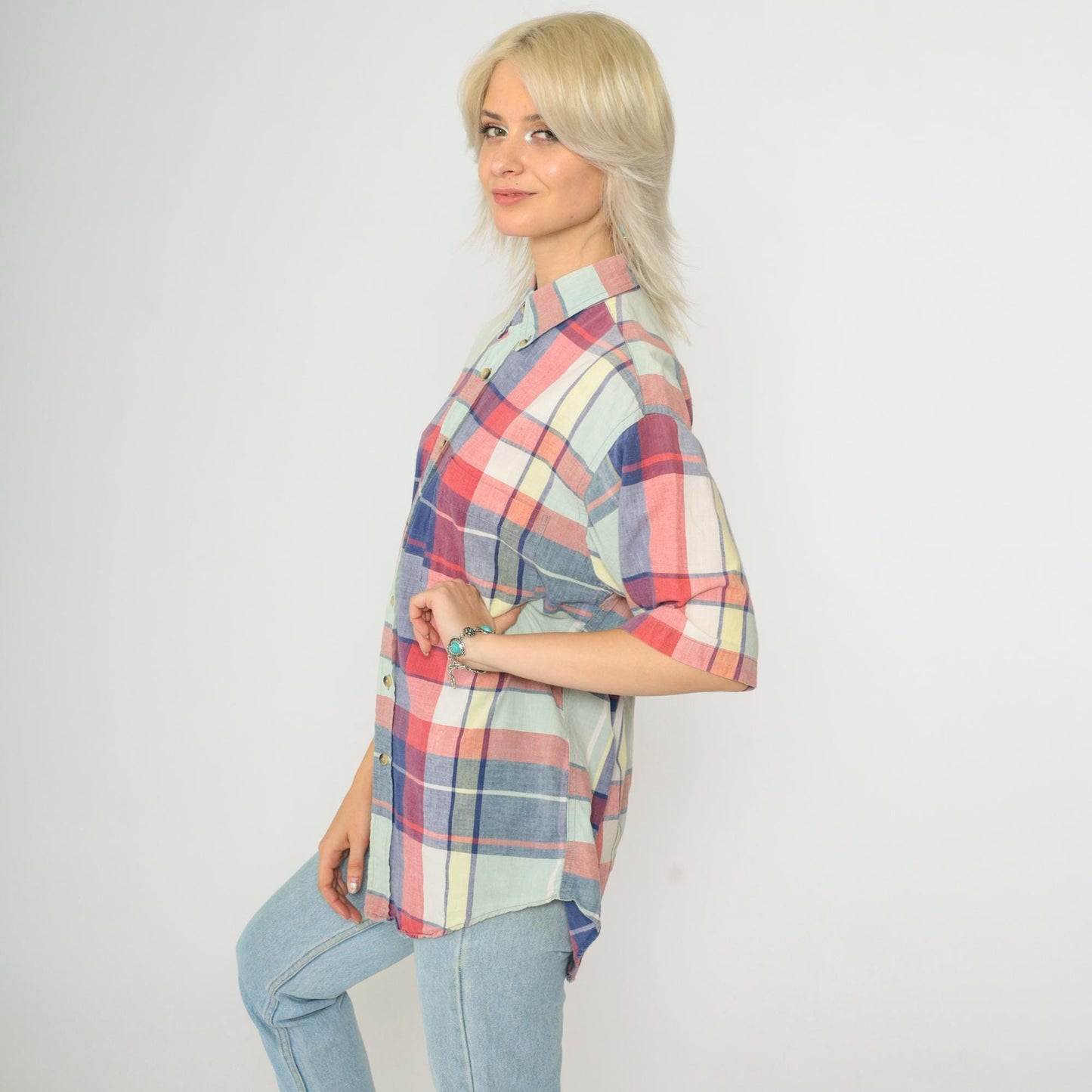 90s Lands End Plaid Button Up Shirt Blue Red Check Short Sleeve Medium