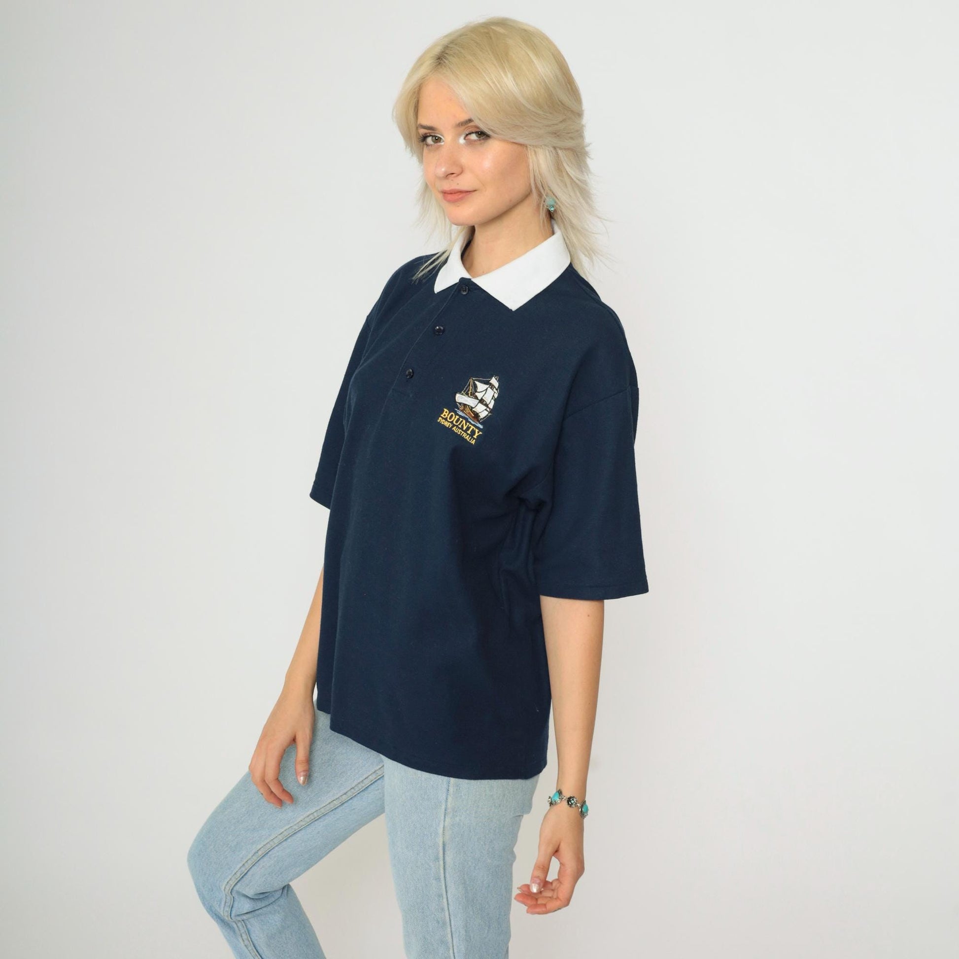 90s Bounty Cruises Sydney Polo Shirt Navy Blue Sailboat Graphic Medium