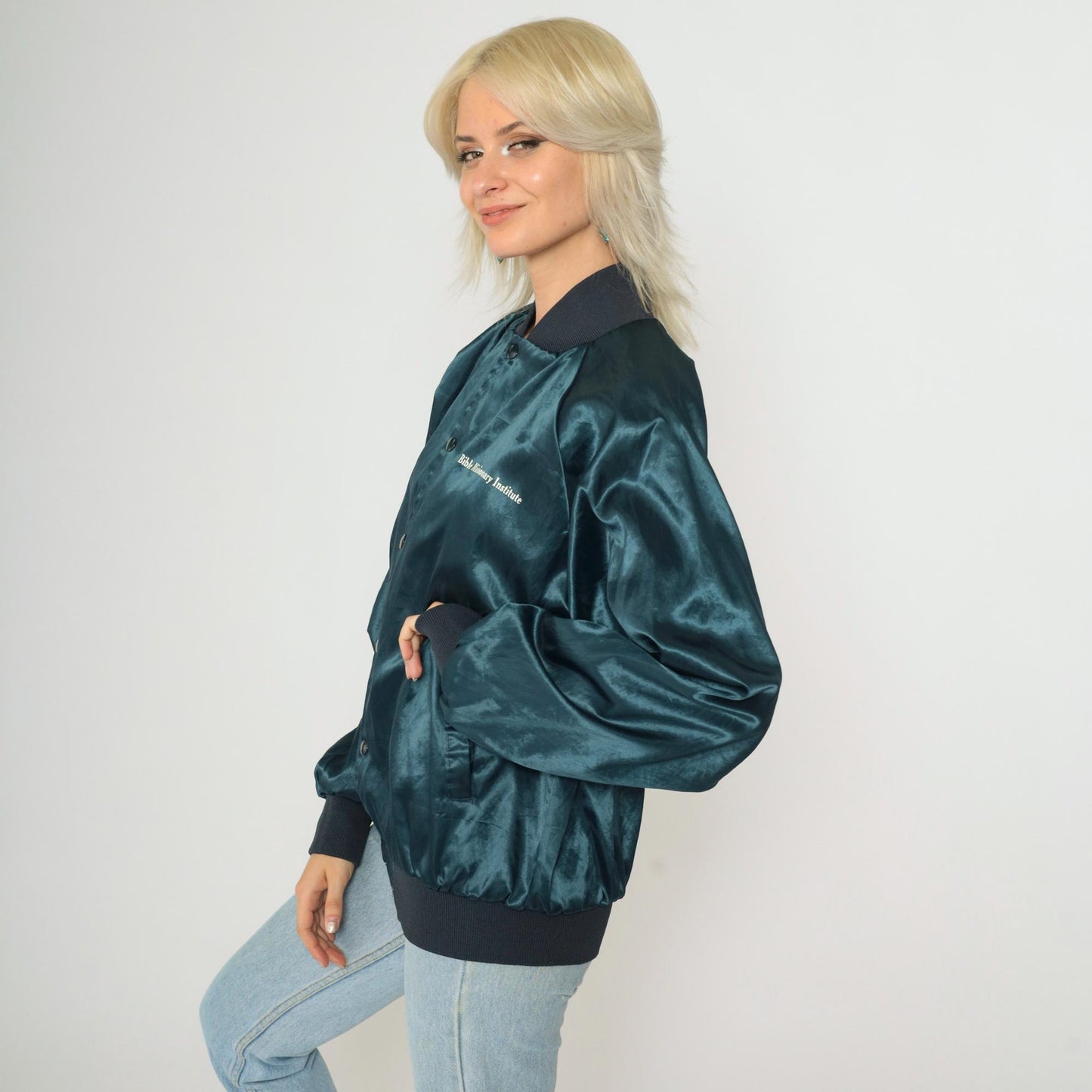 90s Bible Missionary Institute Satin Bomber Jacket Dark Blue Medium