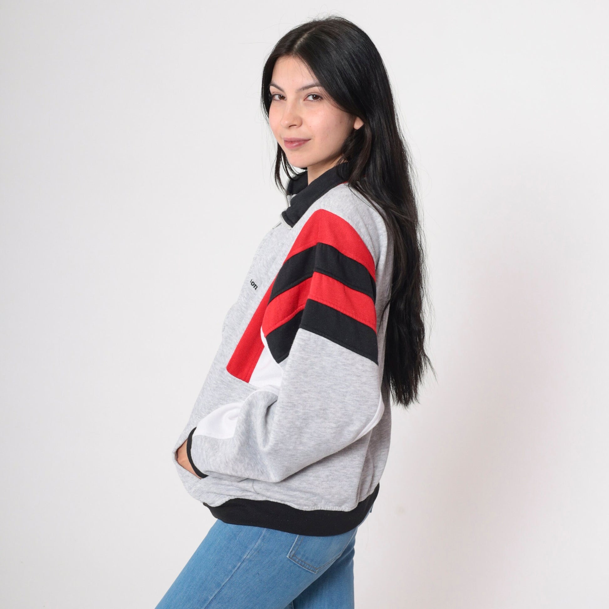 80s Wilson Track Jacket Grey Red Black Striped Zip Up Extra Large XL