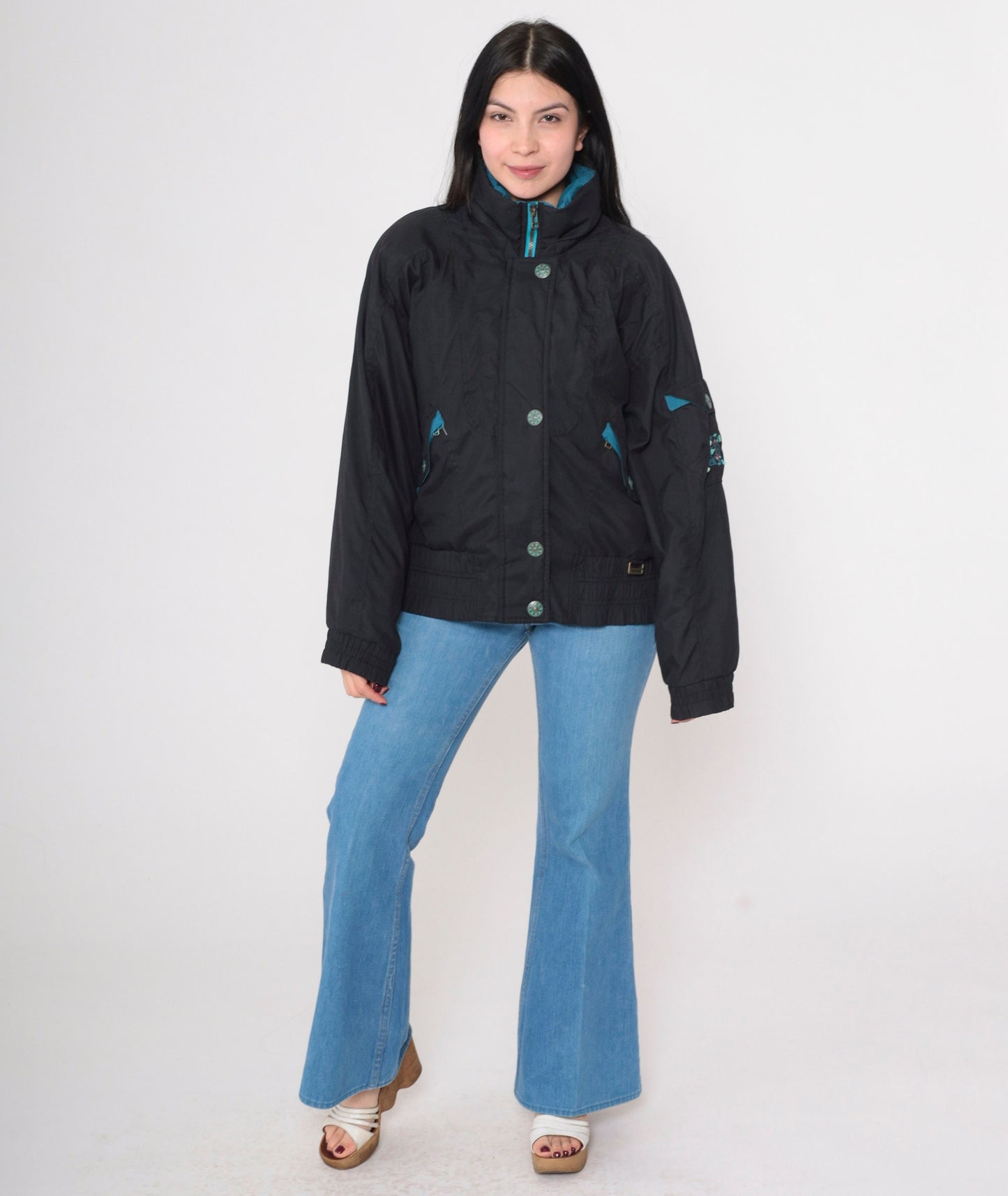 90s Black Puffer Ski Jacket Turquoise Trim Windbreaker Extra Large XL