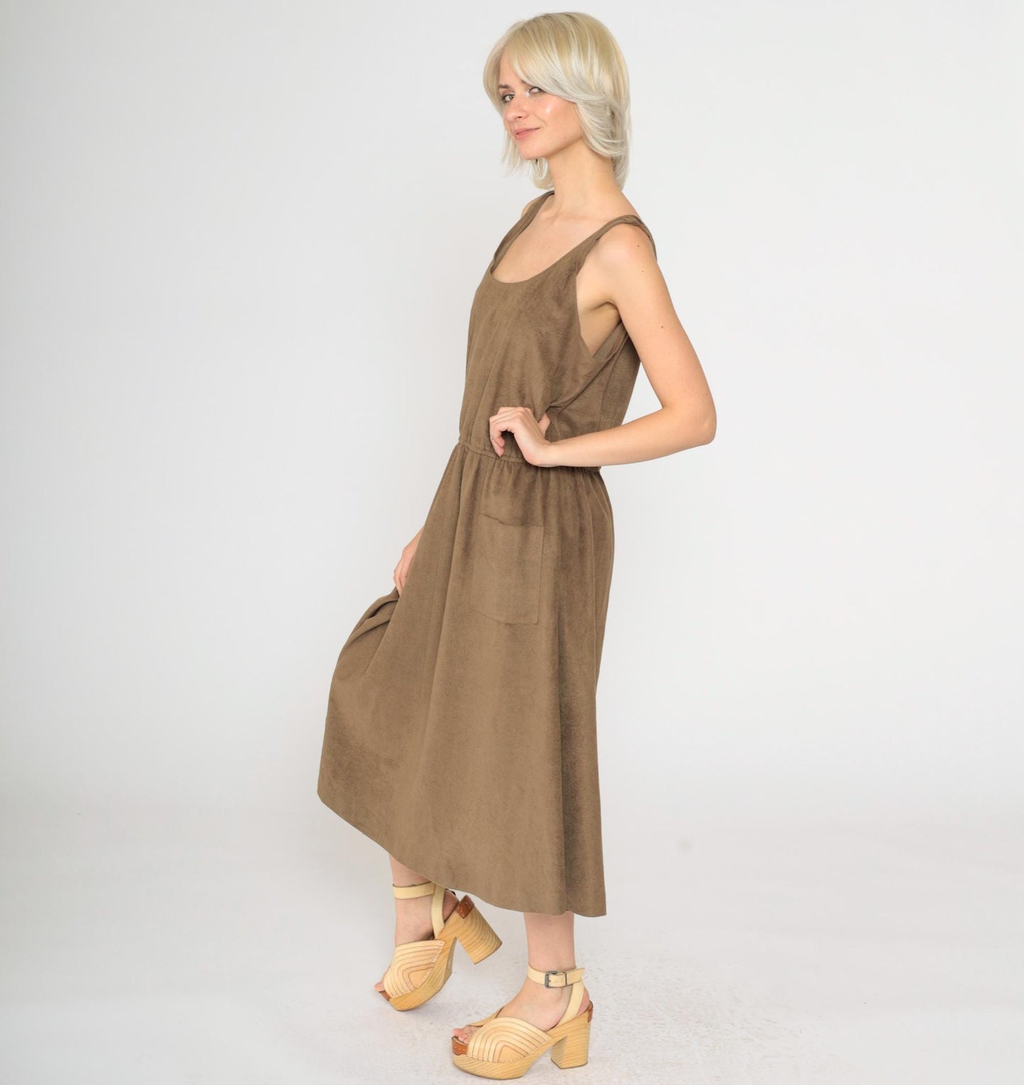 80s Brown Faux Suede Midi Dress Sleeveless Scoop Neck High Waist Medium Large