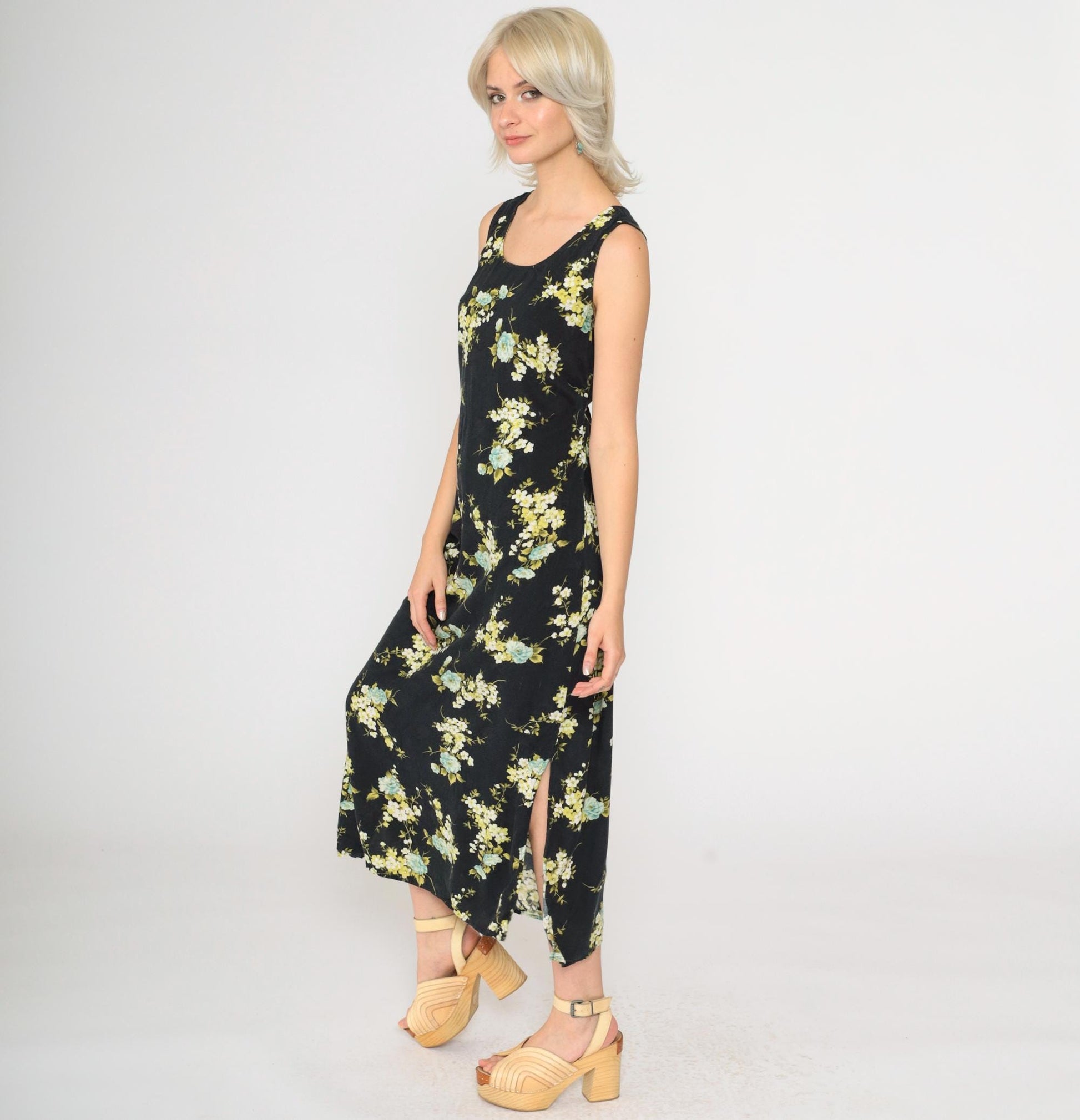90s R&K Originals Black Floral Rayon Dress Sleeveless Ankle Length Medium