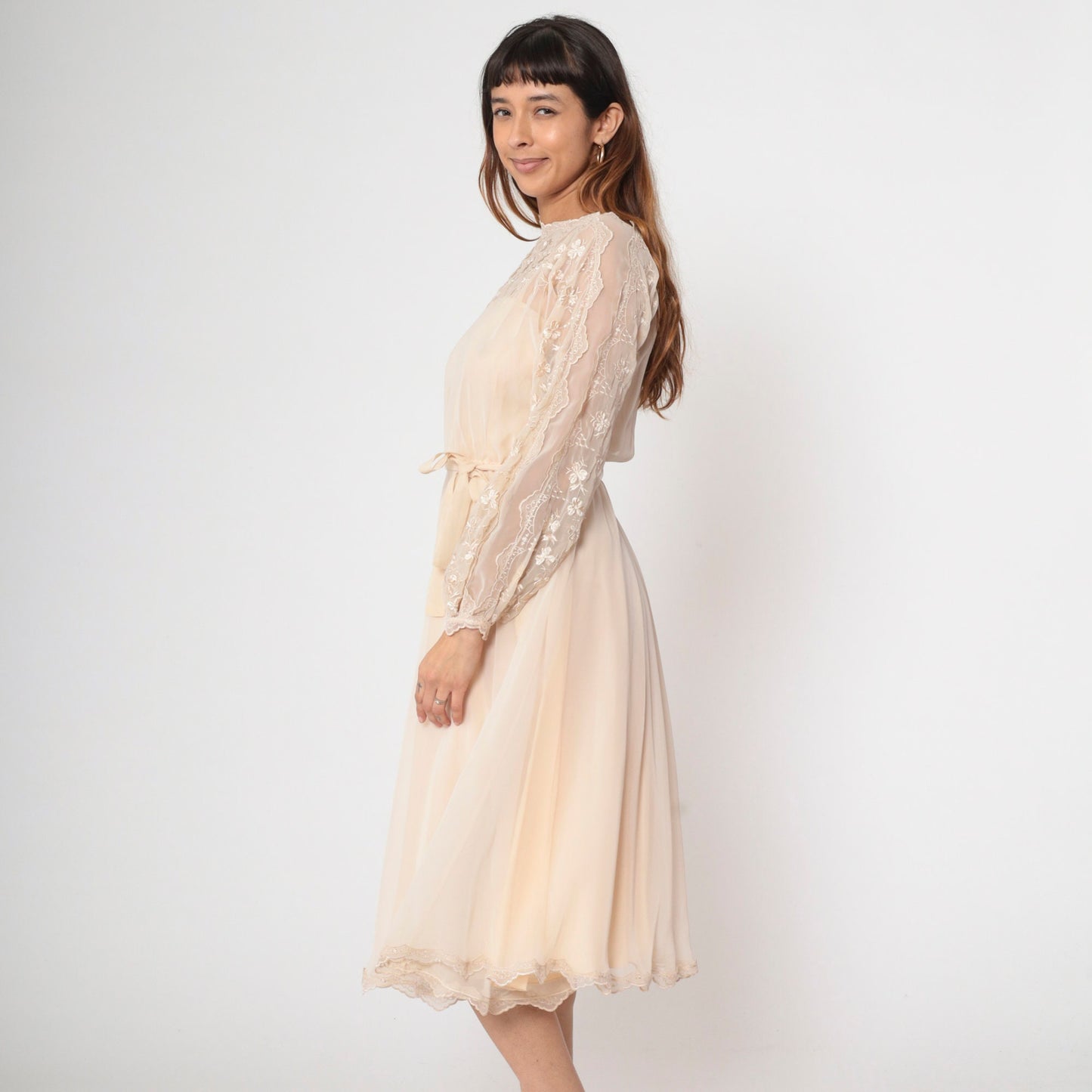 70s Beige Chiffon Midi Dress Floral Embroidery Illusion Neckline Small