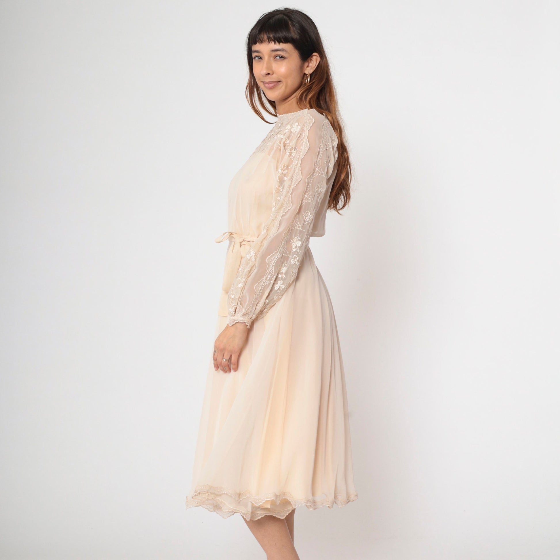 70s Beige Chiffon Midi Dress Floral Embroidery Illusion Neckline Small