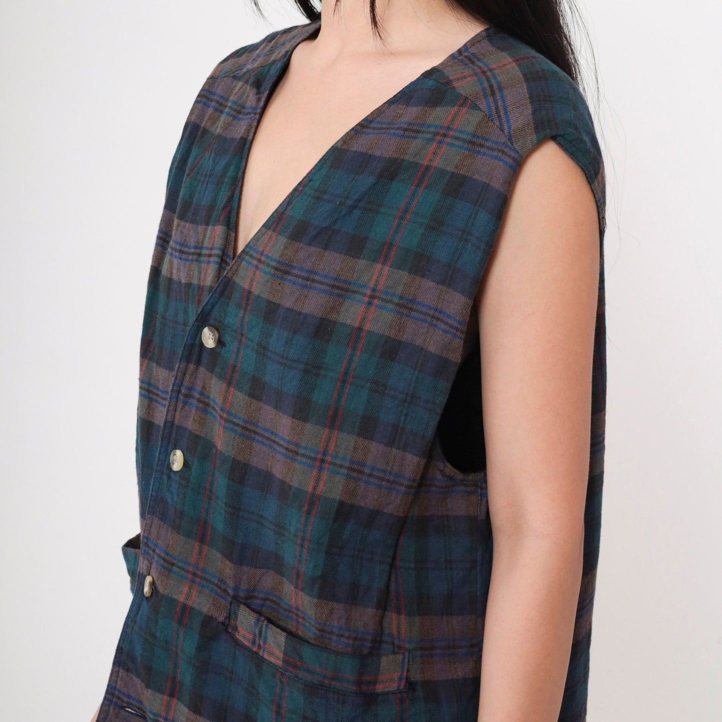 90s Plaid Vest Blue Green Checkered Button Front Sleeveless Medium