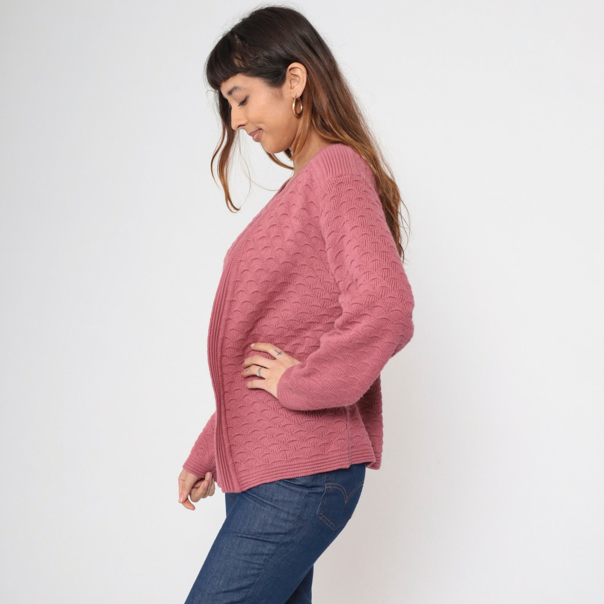 70s Pink Textured Knit Cardigan Open Front Long Sleeve Medium