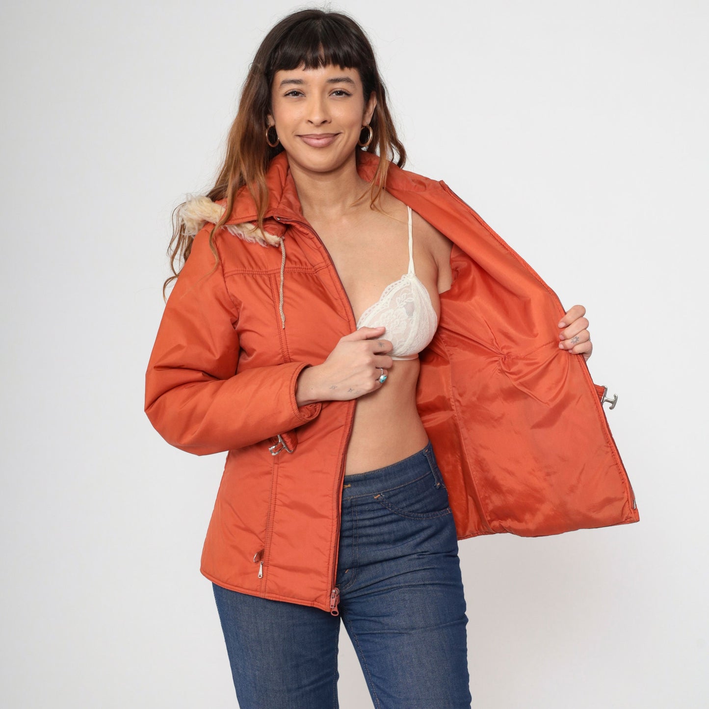 70s JC Penney Parka Jacket Burnt Orange Faux Fur Hood Zip Medium