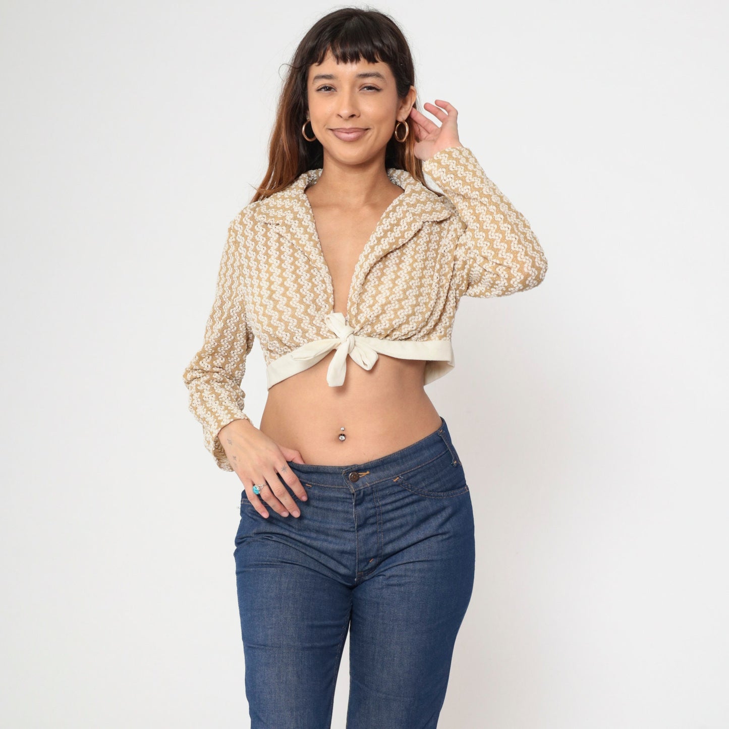 70s Gold Striped Metallic Crop Top Deep V Neck Long Sleeve Knit Medium
