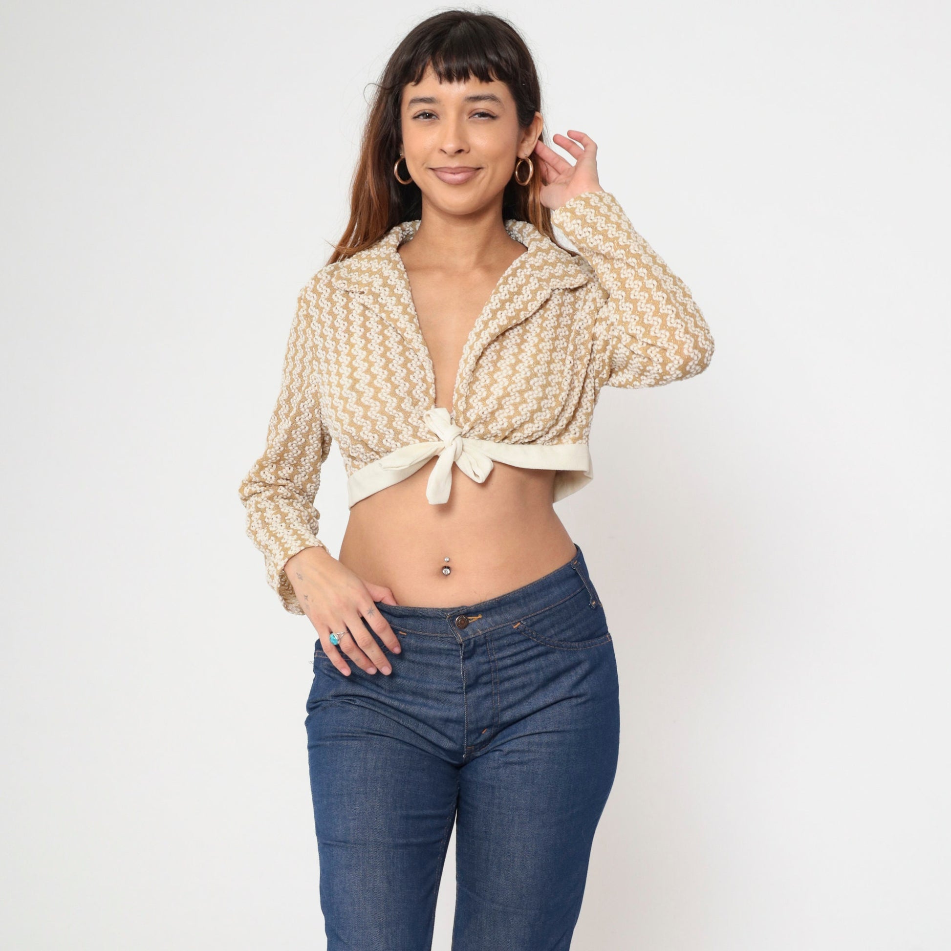 70s Gold Striped Metallic Crop Top Deep V Neck Long Sleeve Knit Medium