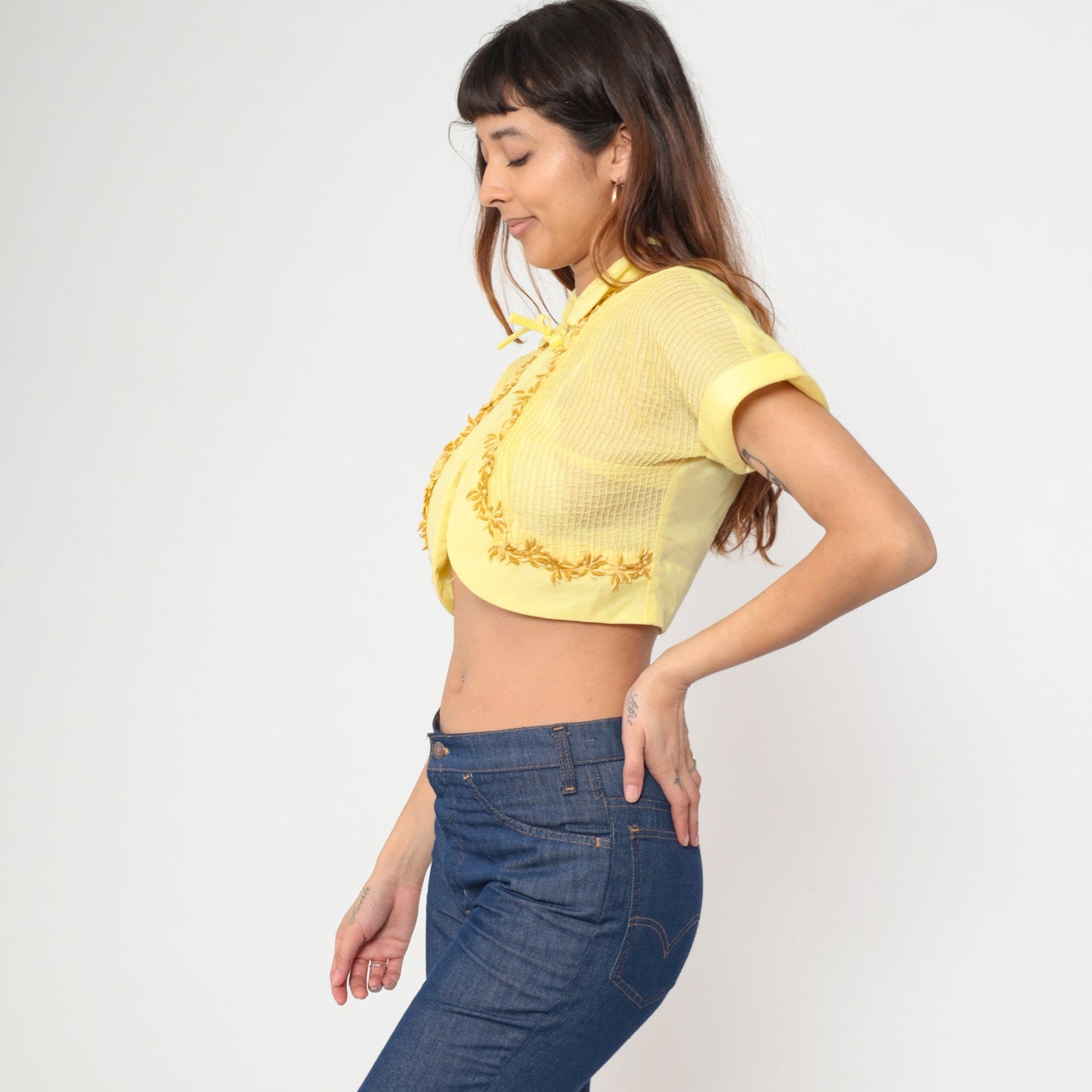 60s Yellow Bolero Jacket Floral Embroidery Peter Pan Collar Cropped Small S