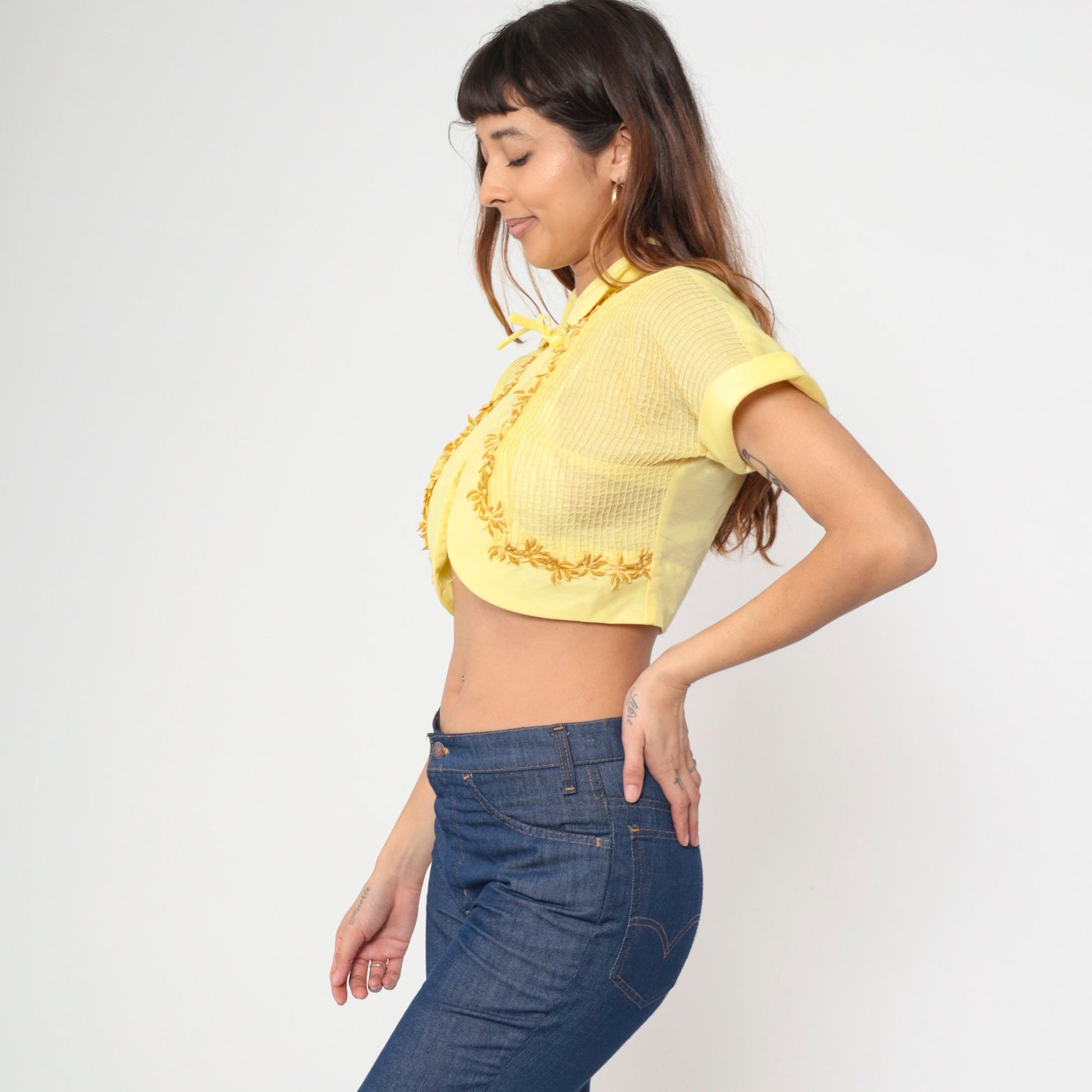 60s Yellow Bolero Jacket Floral Embroidery Peter Pan Collar Cropped Small S