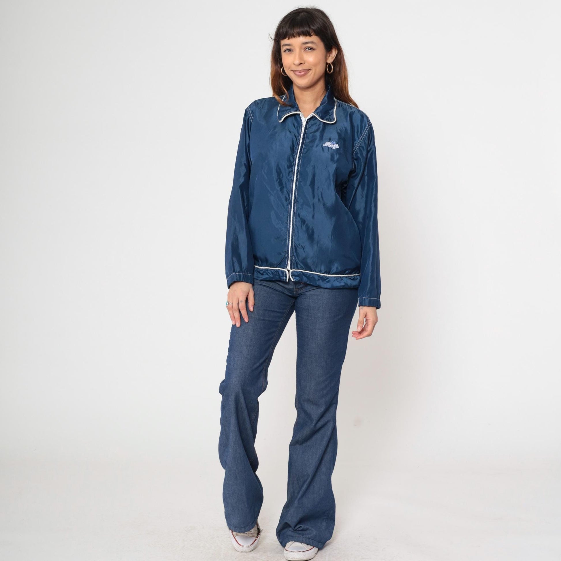 Y2K Rusty Windbreaker Jacket Navy Blue Zip Up Surfer Large L