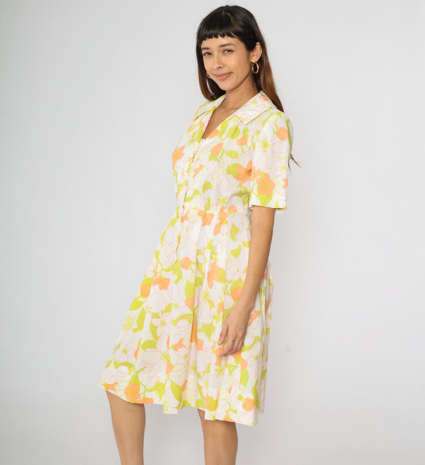 60s White Floral Day Dress High Waisted Front Zipper Pleated Knee Length Medium