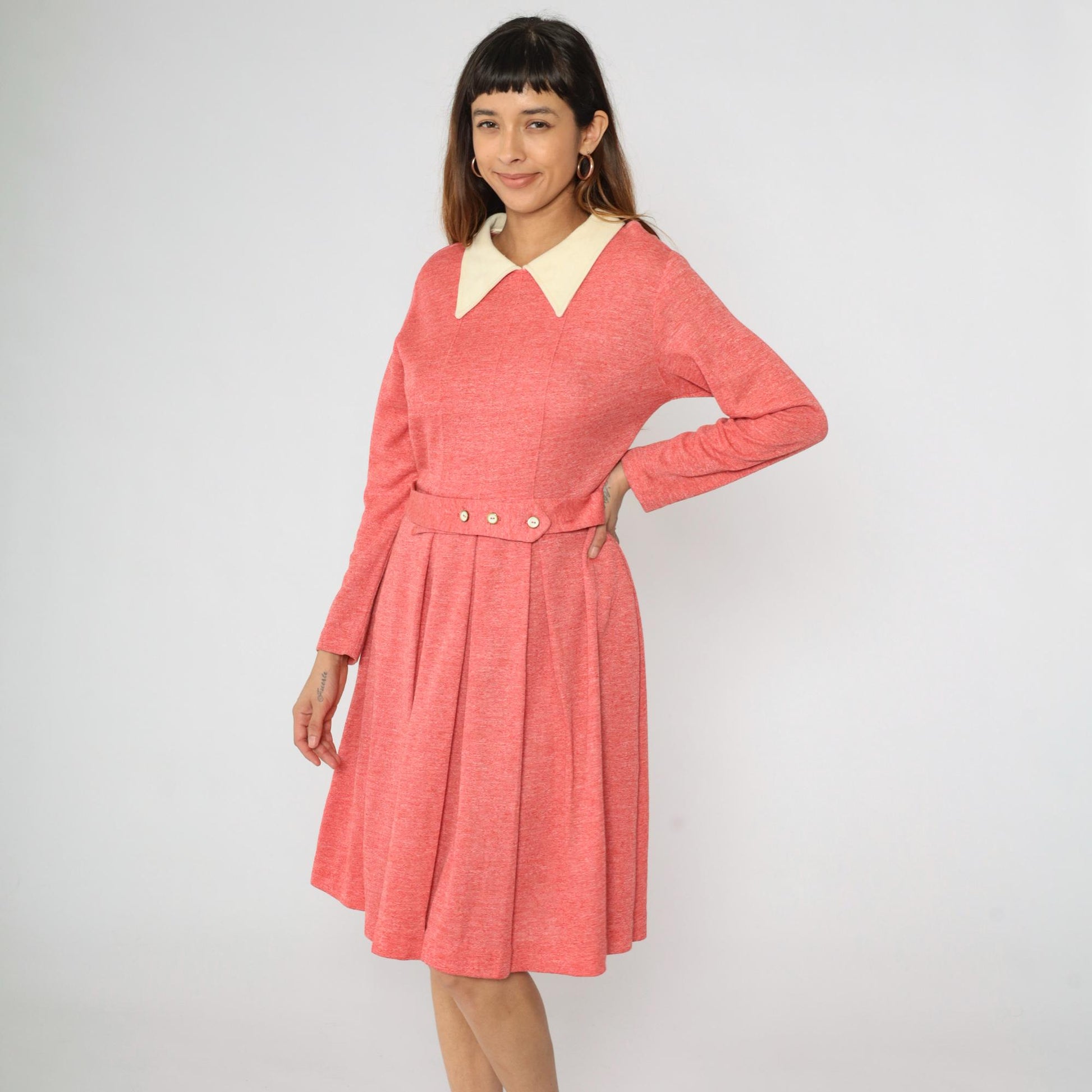 70s Mod Dress Pink Pleated Midi High Waist Contrast Collar Long Sleeve Large L