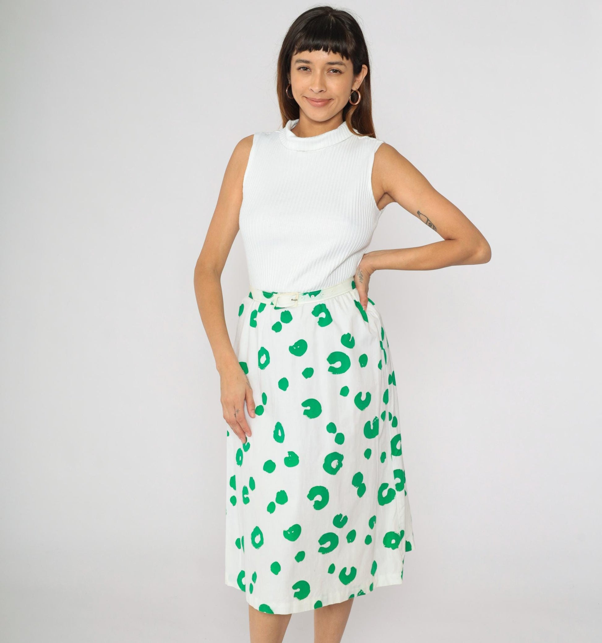 80s White Green Dot Midi Dress Mock Neck High Waist Belted Small