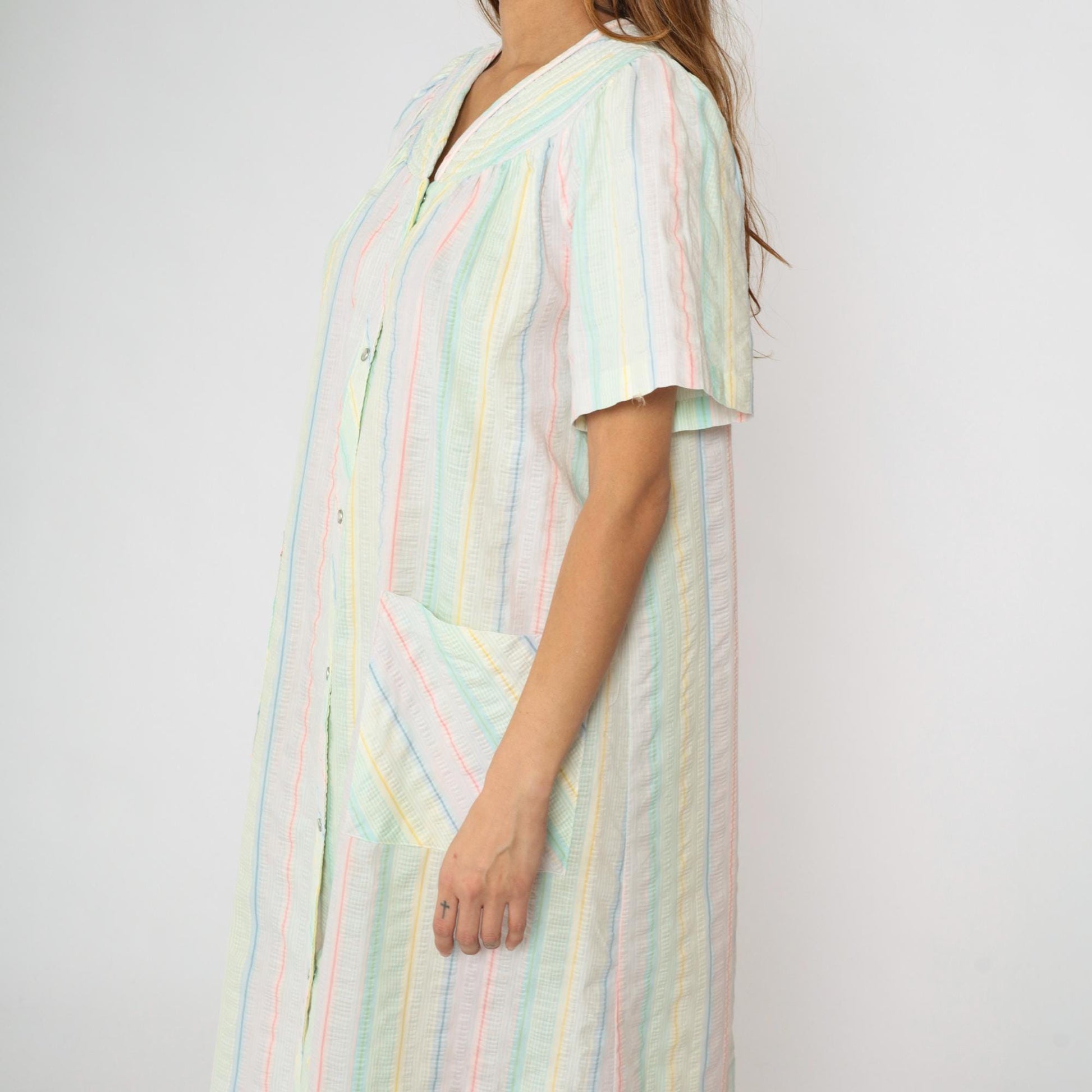 80s Barbizon Pastel Seersucker Midi Dress Puff Sleeve Pearl Snap Medium M