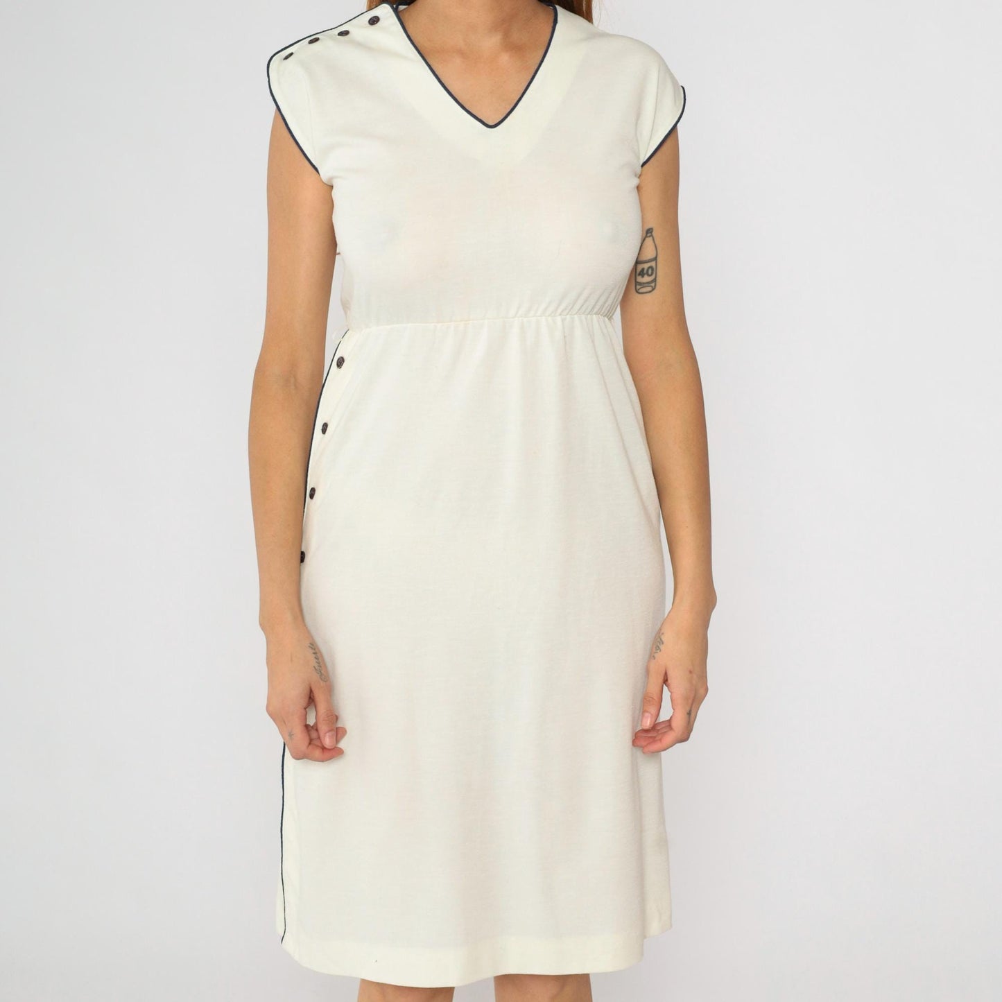 80s Lisette Cream Midi Dress Navy Piping V-Neck Cap Sleeve Extra Small