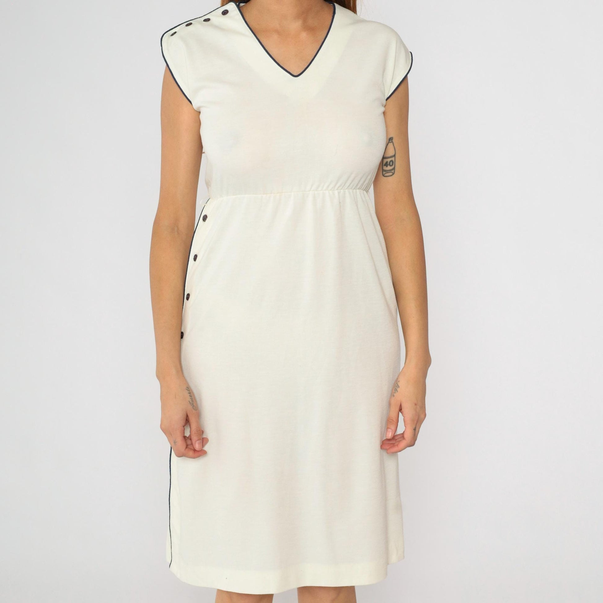80s Lisette Cream Midi Dress Navy Piping V-Neck Cap Sleeve Extra Small