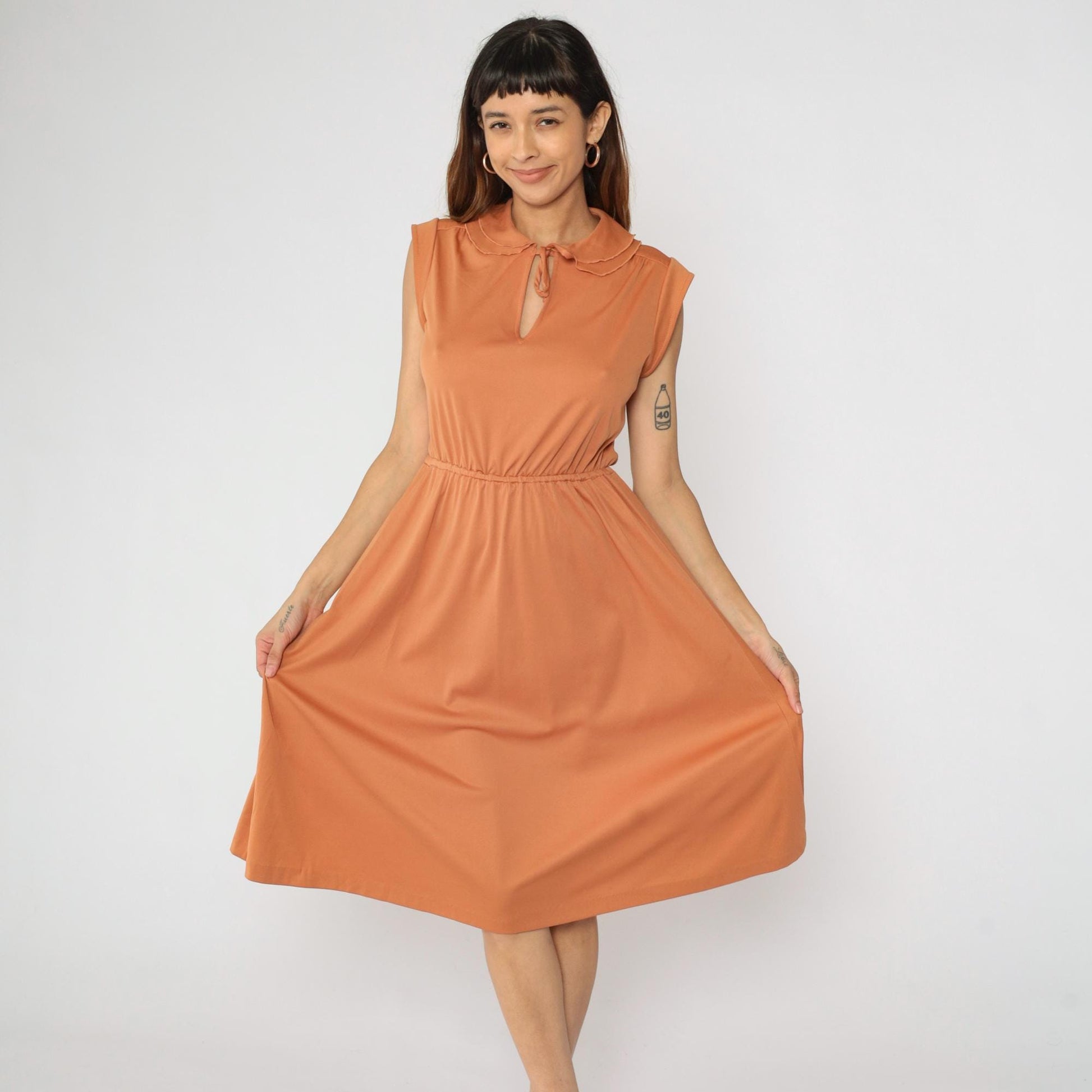 70s Burnt Orange Keyhole Midi Dress Peter Pan Collar Cap Sleeve Small