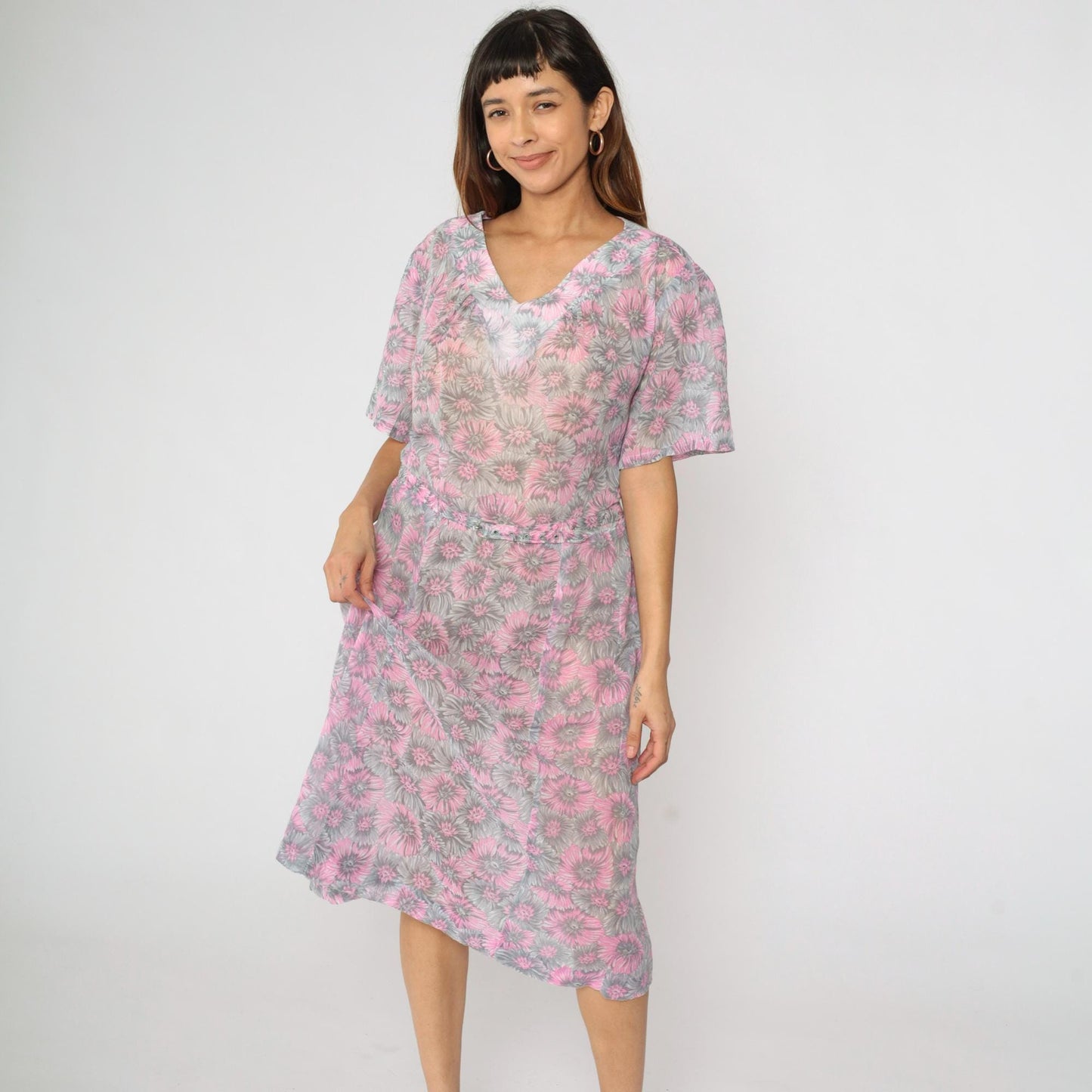 60s Floral Shift Dress Pink Grey Flower Print Midi V-Neck Short Sleeve Extra Large
