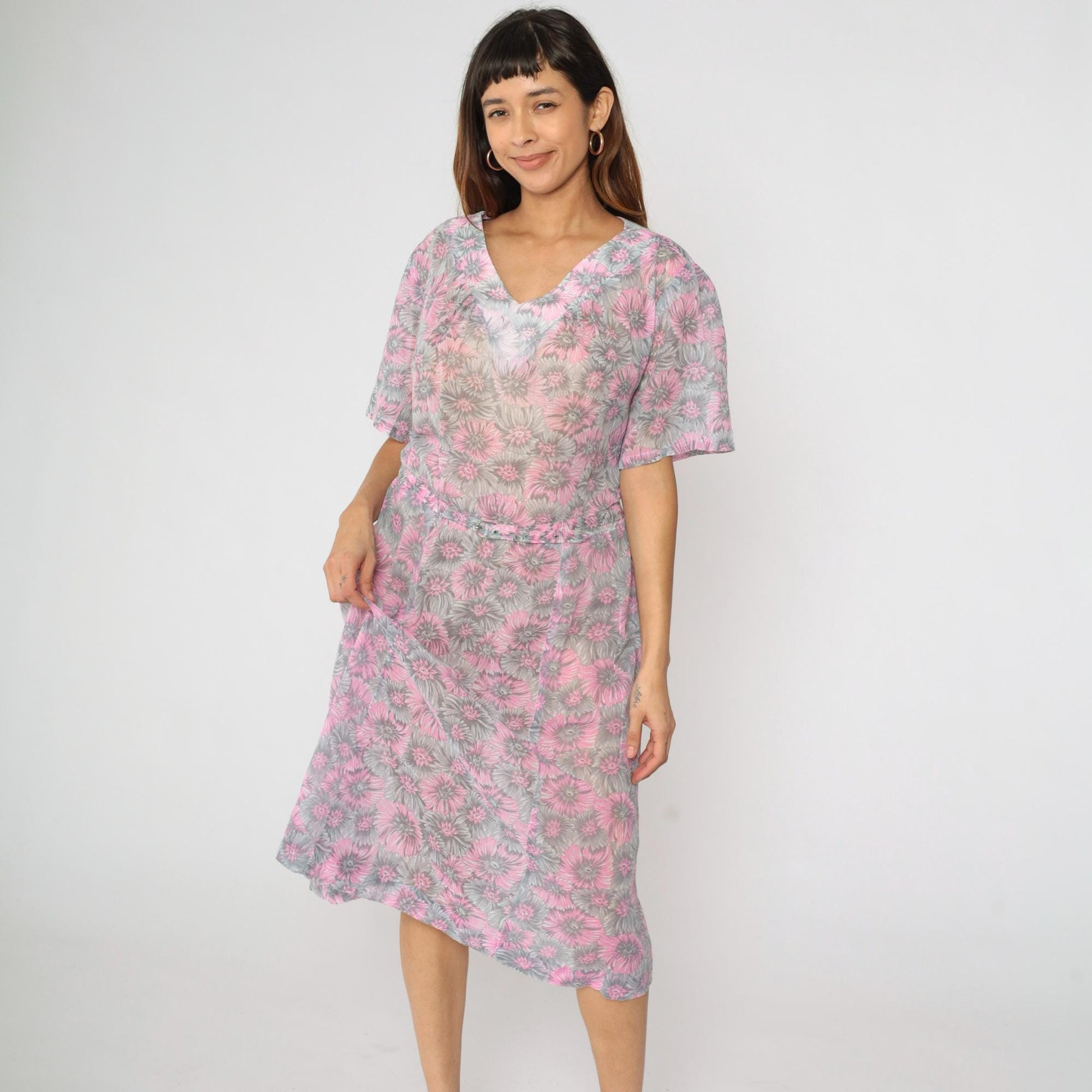 60s Floral Shift Dress Pink Grey Flower Print Midi V-Neck Short Sleeve Extra Large