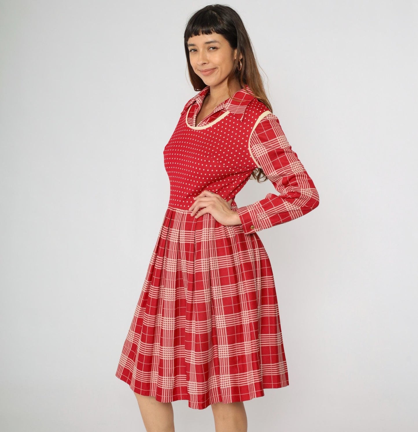 70s Plaid Polka Dot Dress Red High Waist Pleated Vest Midi Medium
