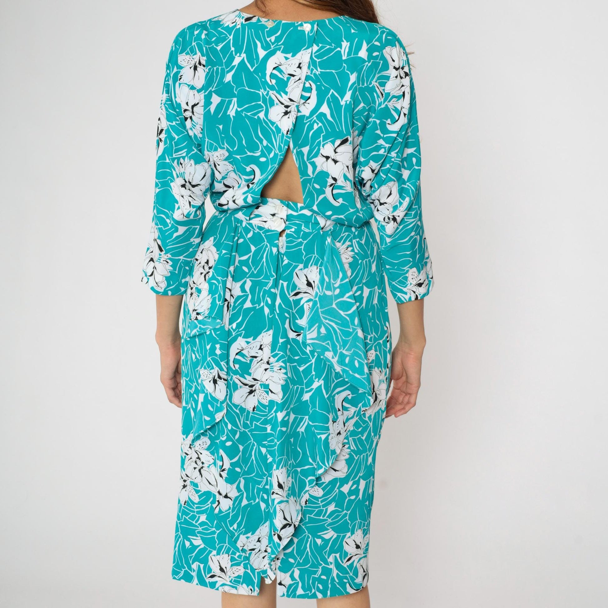 80s Turquoise Floral Midi Dress Keyhole Back Dolman Sleeve High Waist Small