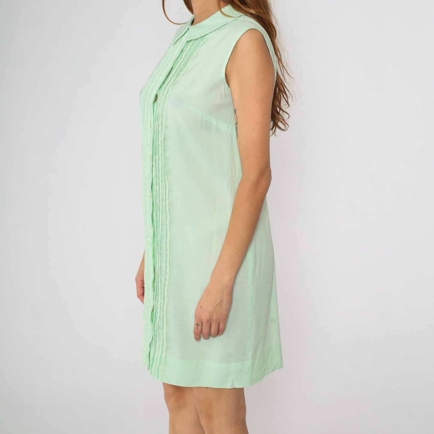 60s Mint Green Peter Pan Collar Mini Dress Sleeveless Button Front Medium