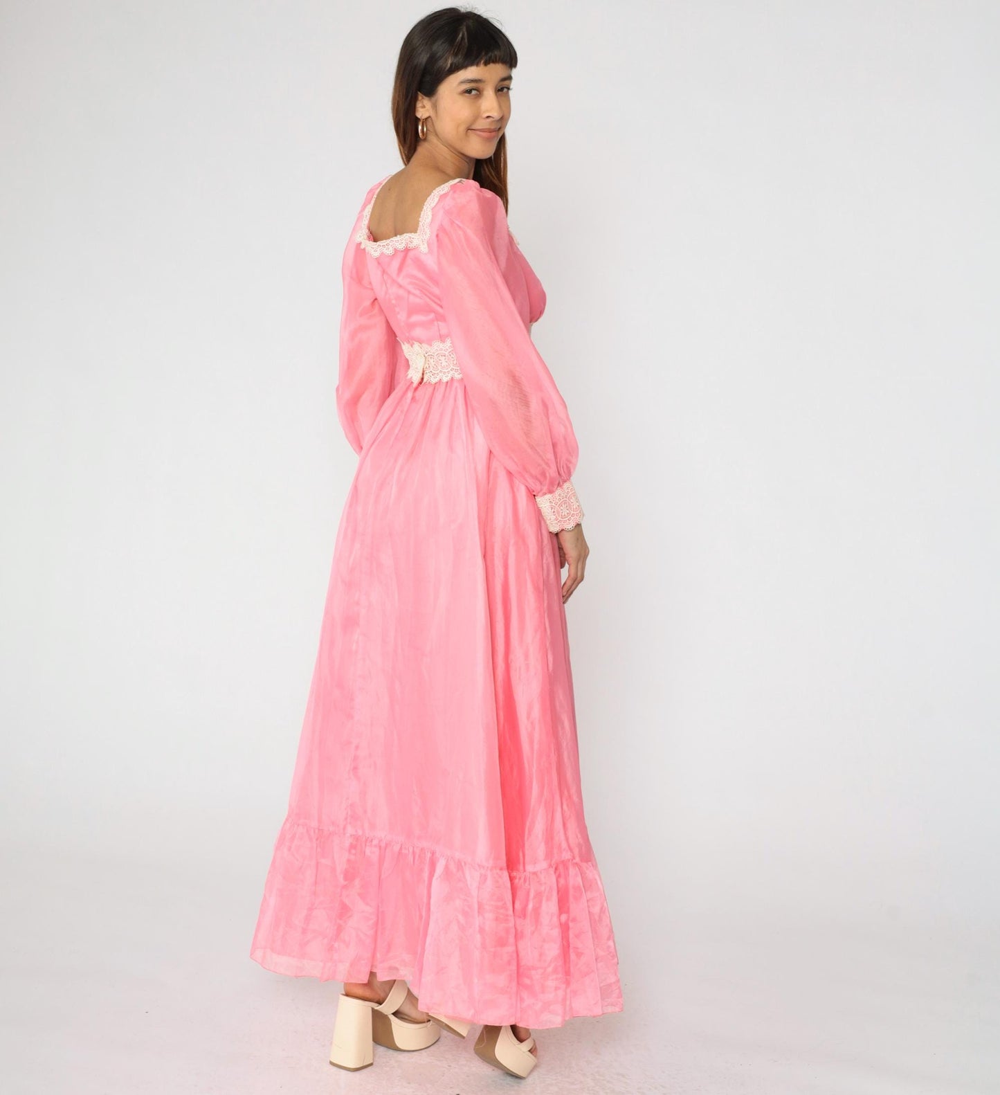 70s Pink Taffeta Evening Gown Puff Sleeve Square Neck Empire Waist Small