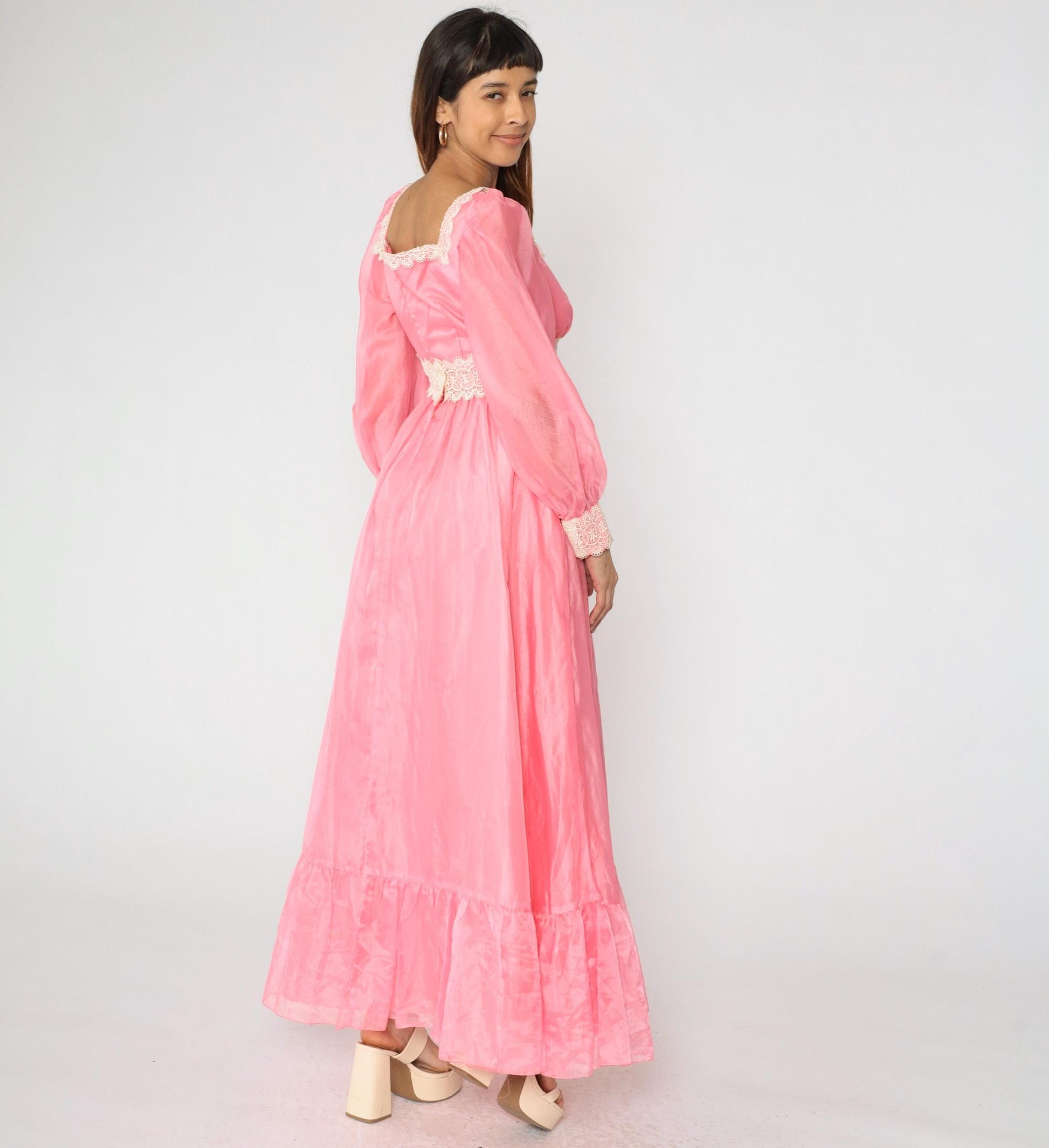 70s Pink Taffeta Evening Gown Puff Sleeve Square Neck Empire Waist Small