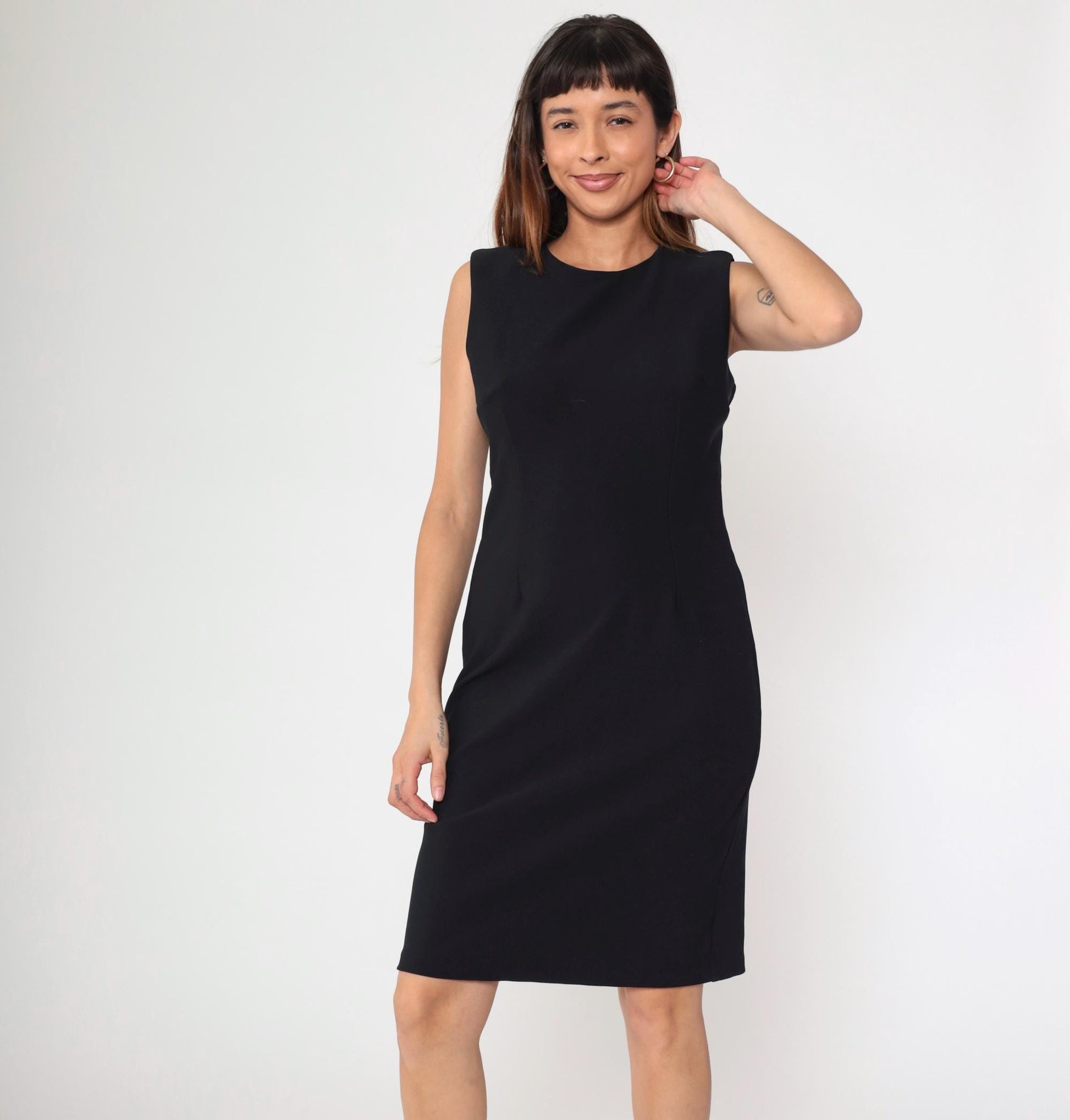 90s Black Sheath Dress Sleeveless Knee-Length Shift Dress Medium 10