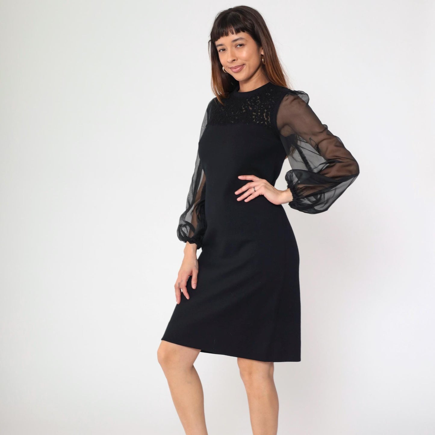 60s R & K Knits Black Sheath Dress Soutache Organza Sleeves Small
